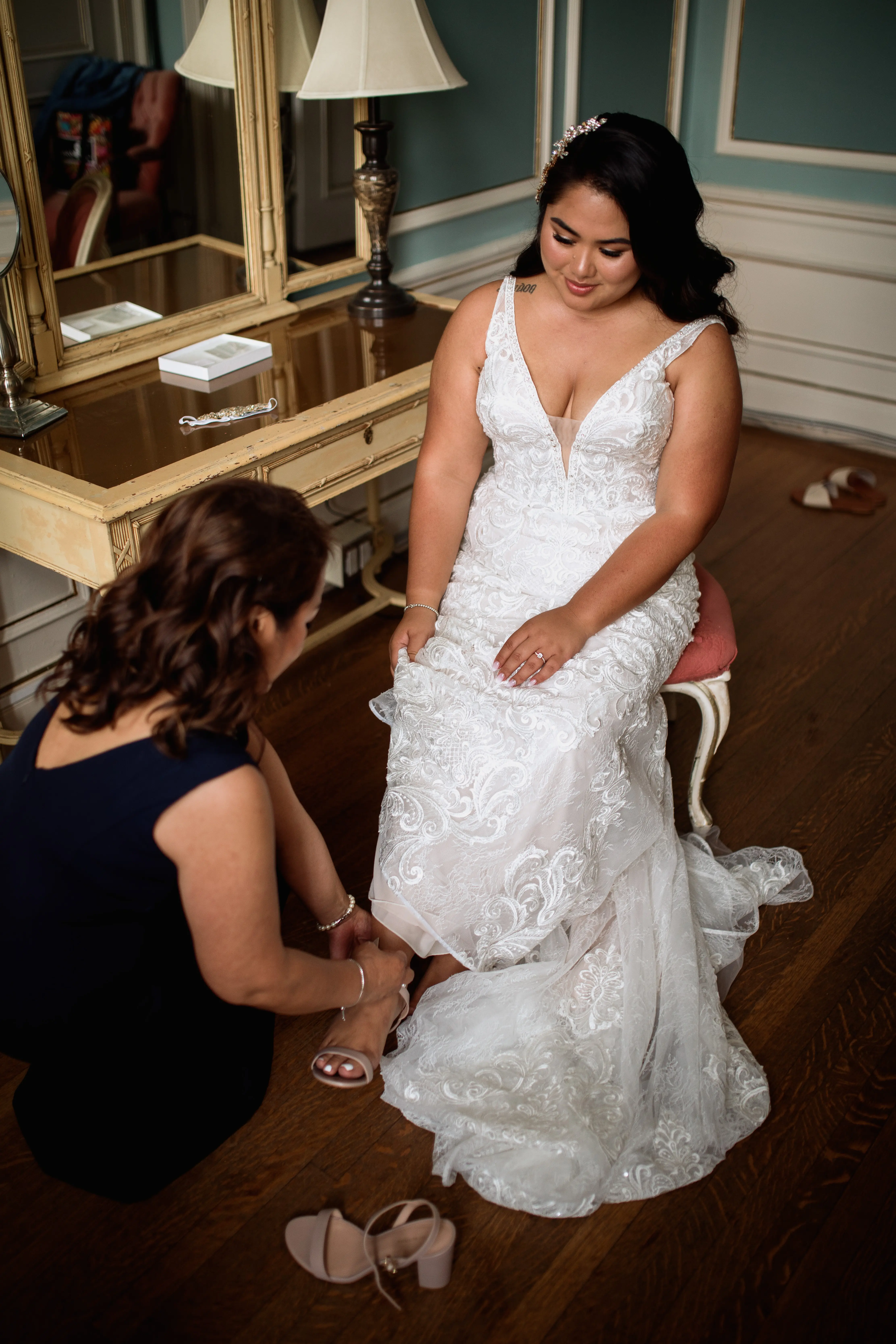 Bride Wearing Floral Fit-And-Flare Wedding Dress