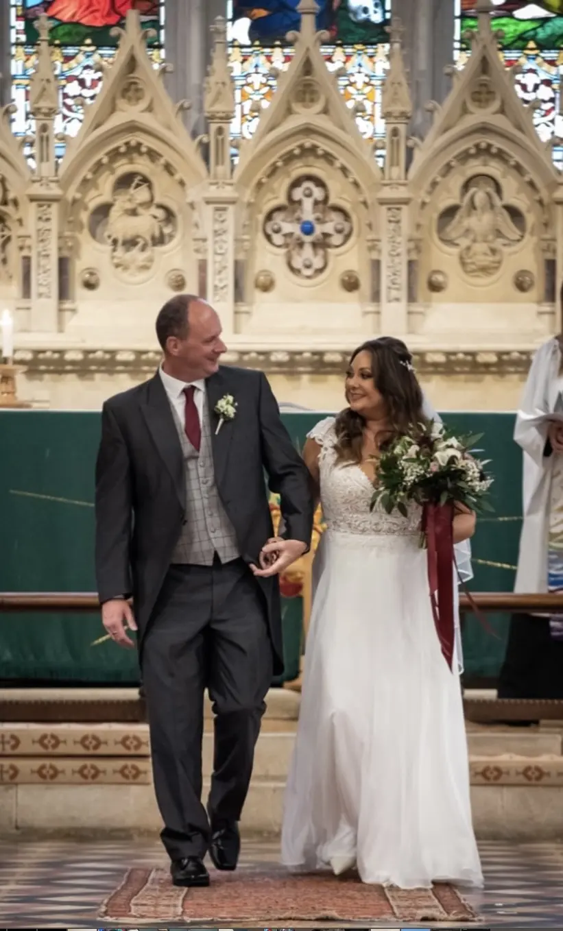 Bride Wearing Chiffon Lace Wedding Dress Called June By Maggie Sottero With Groom