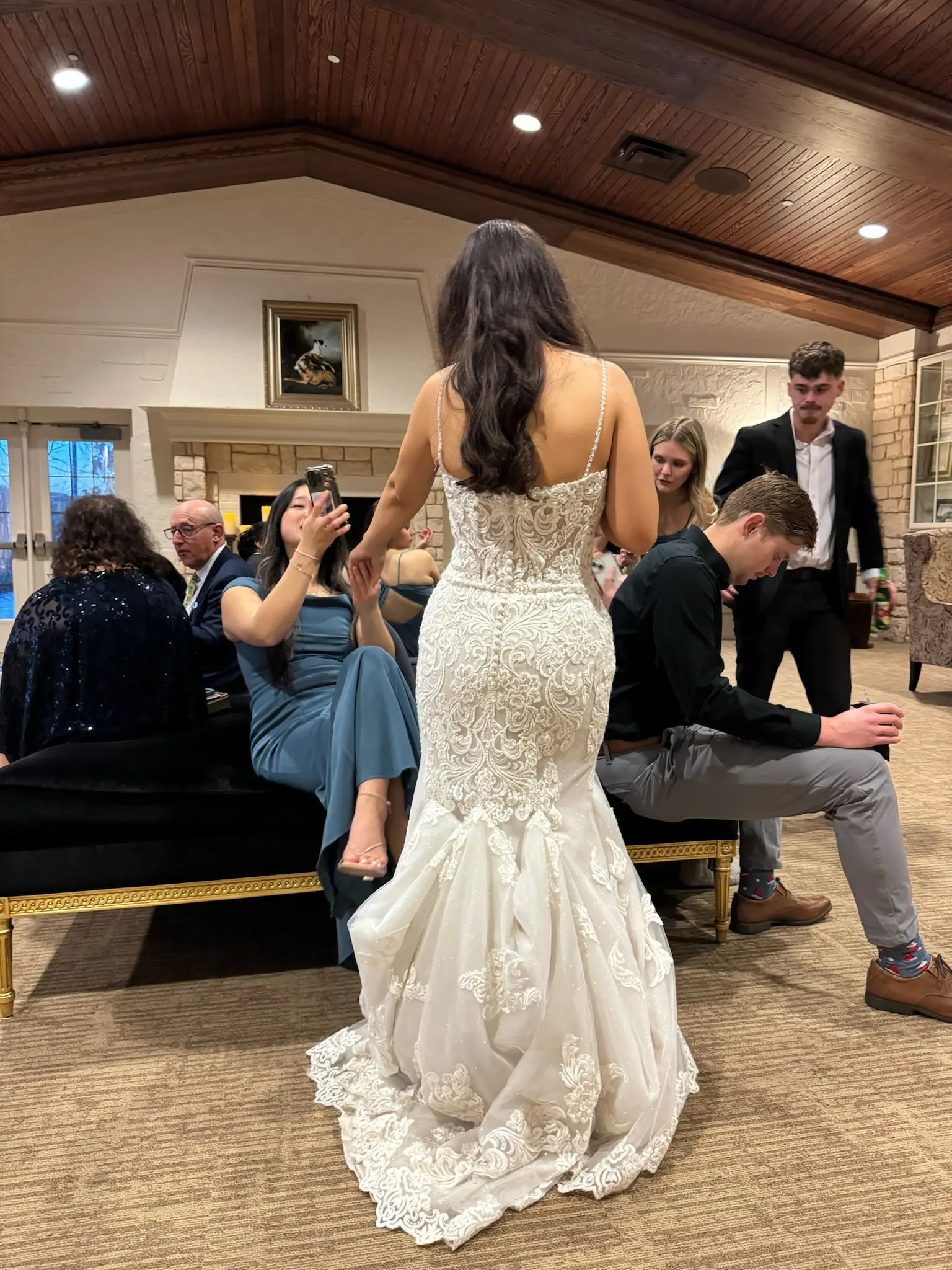 Bride Wearing Fit-n-Flare Wedding Dress Called Fiona By Maggie Sottero With Train Bustled