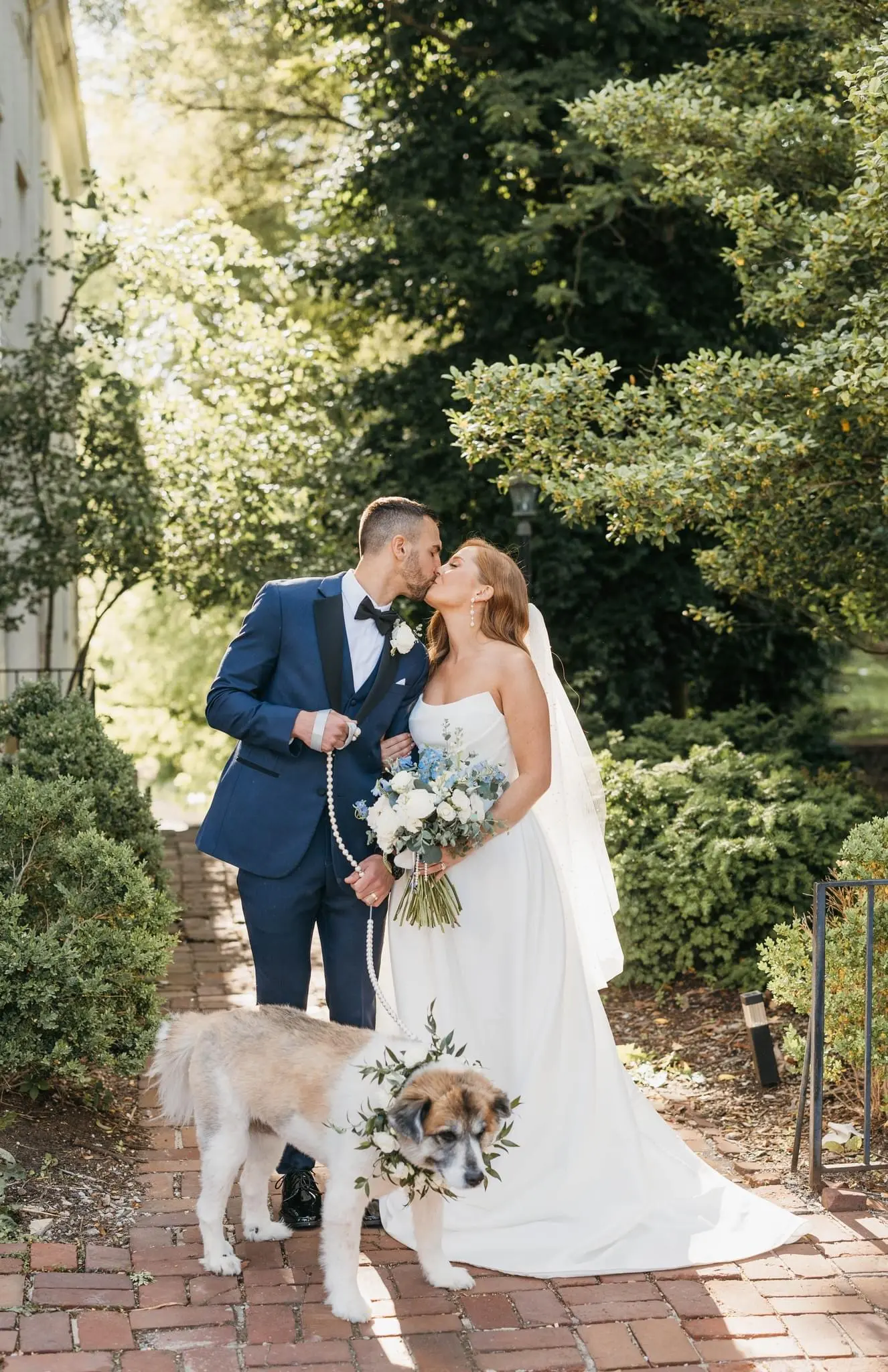 Bride wearing Aspen by Sottero and Midgley kissing her husband with their dog