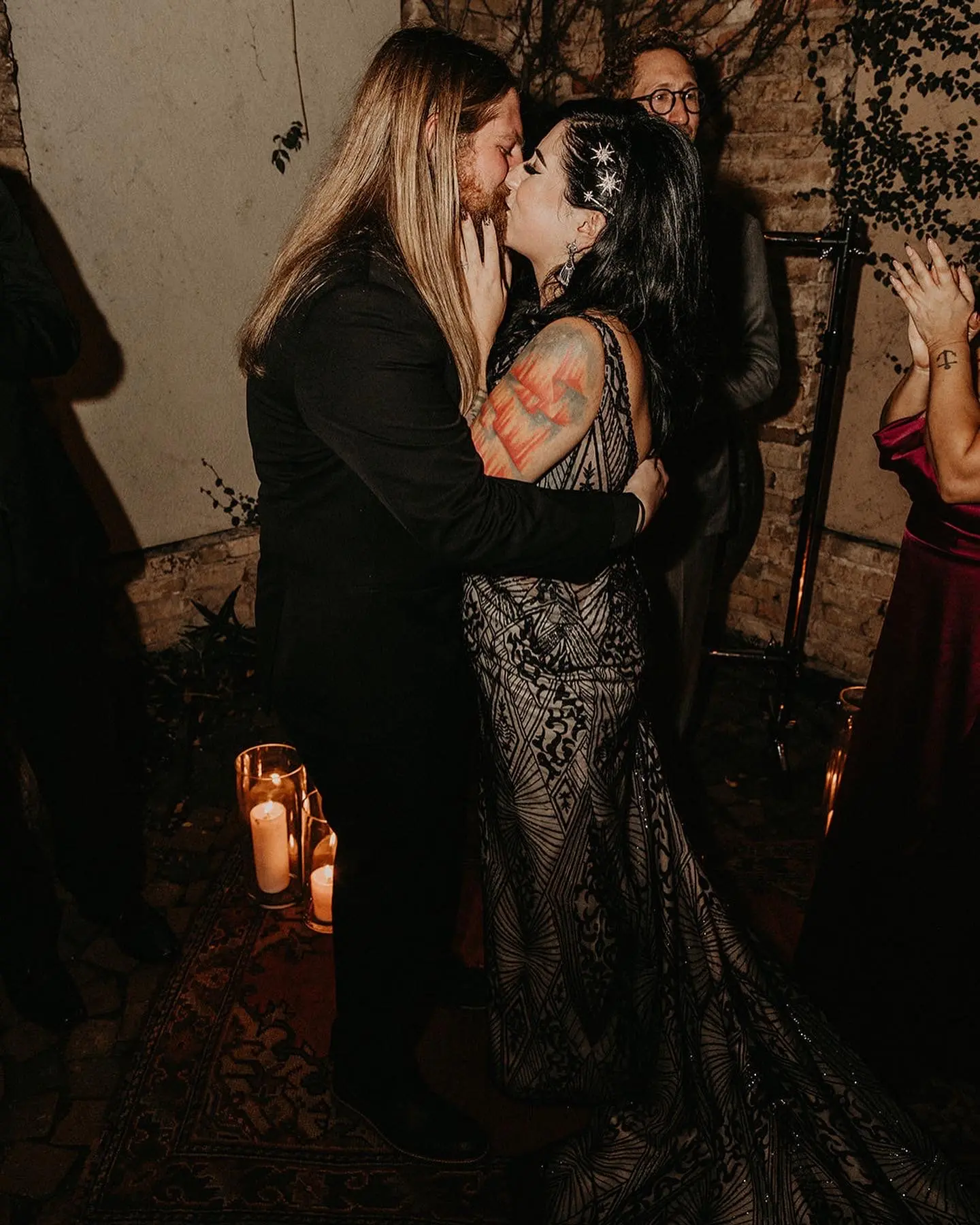 Groom With Bride Wearing Black Art Deco Dress Called Elaine By Maggie Sottero