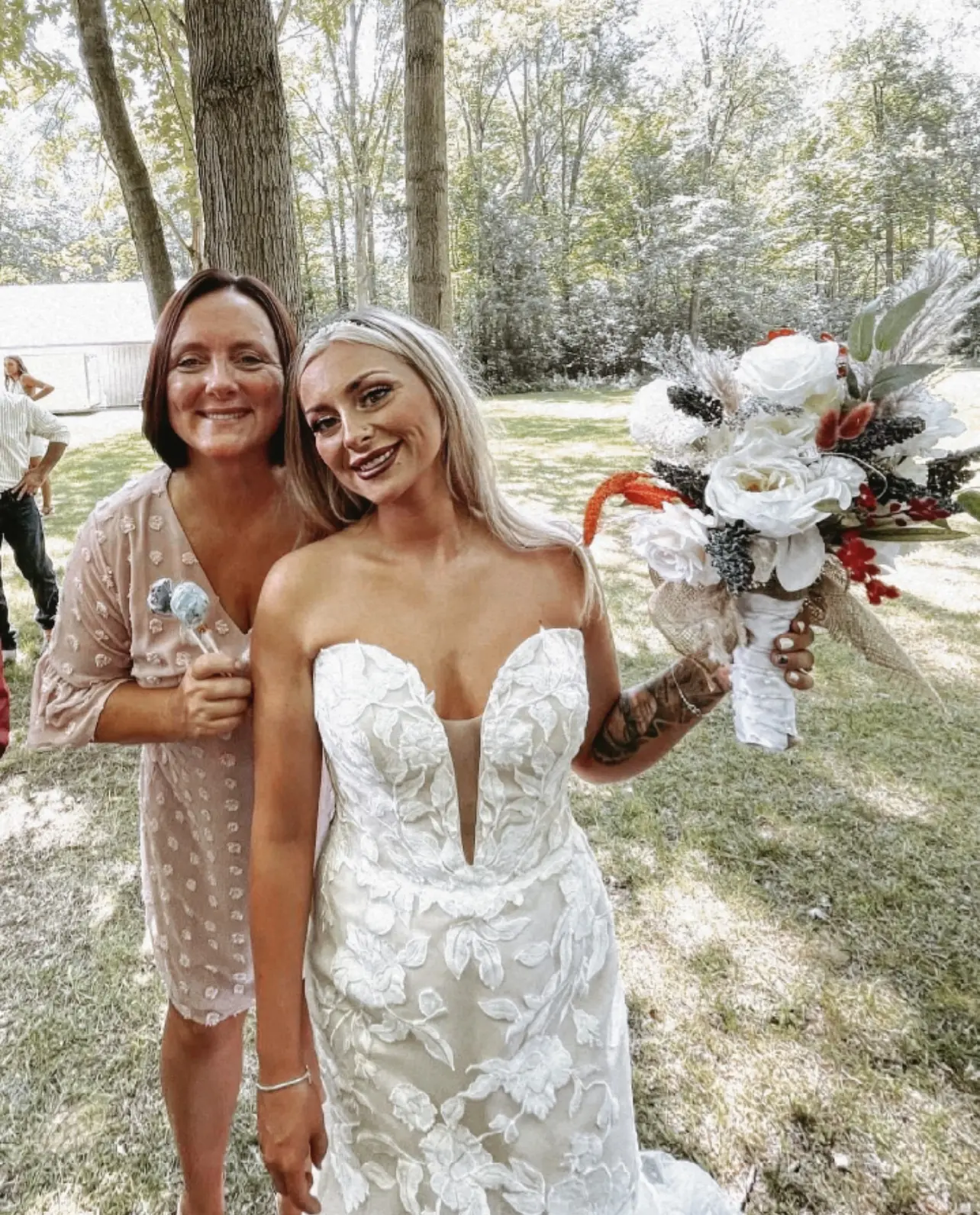 Bride Wearing Strapless Mermaid Wedding Dress With Over Sized Lace Hattie By Rebecca Ingram