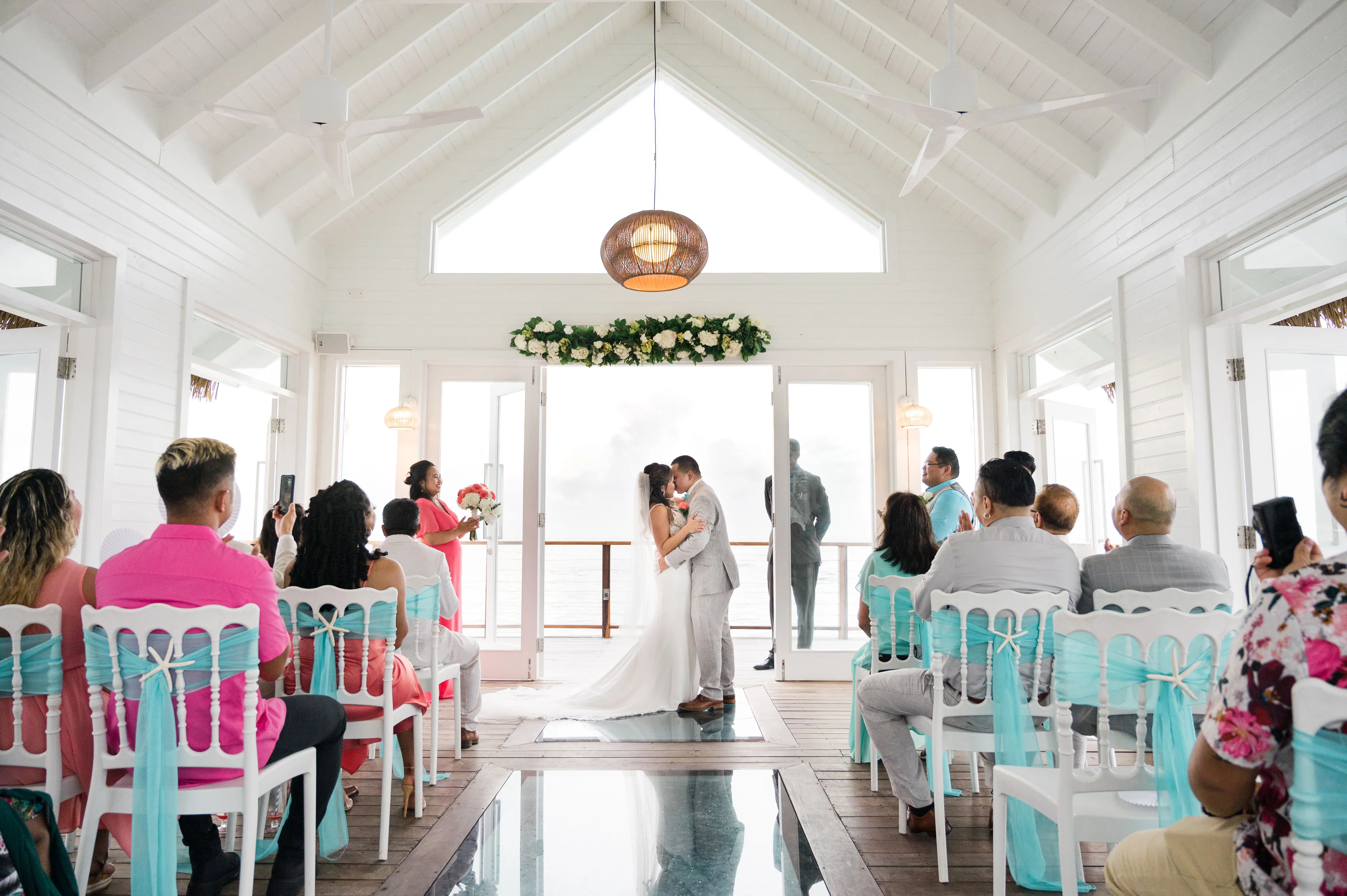 Real Bride in Backless Crepe Wedding Gown with Scalloped Lace Cutout Train Called Baxley by Maggie Sottero