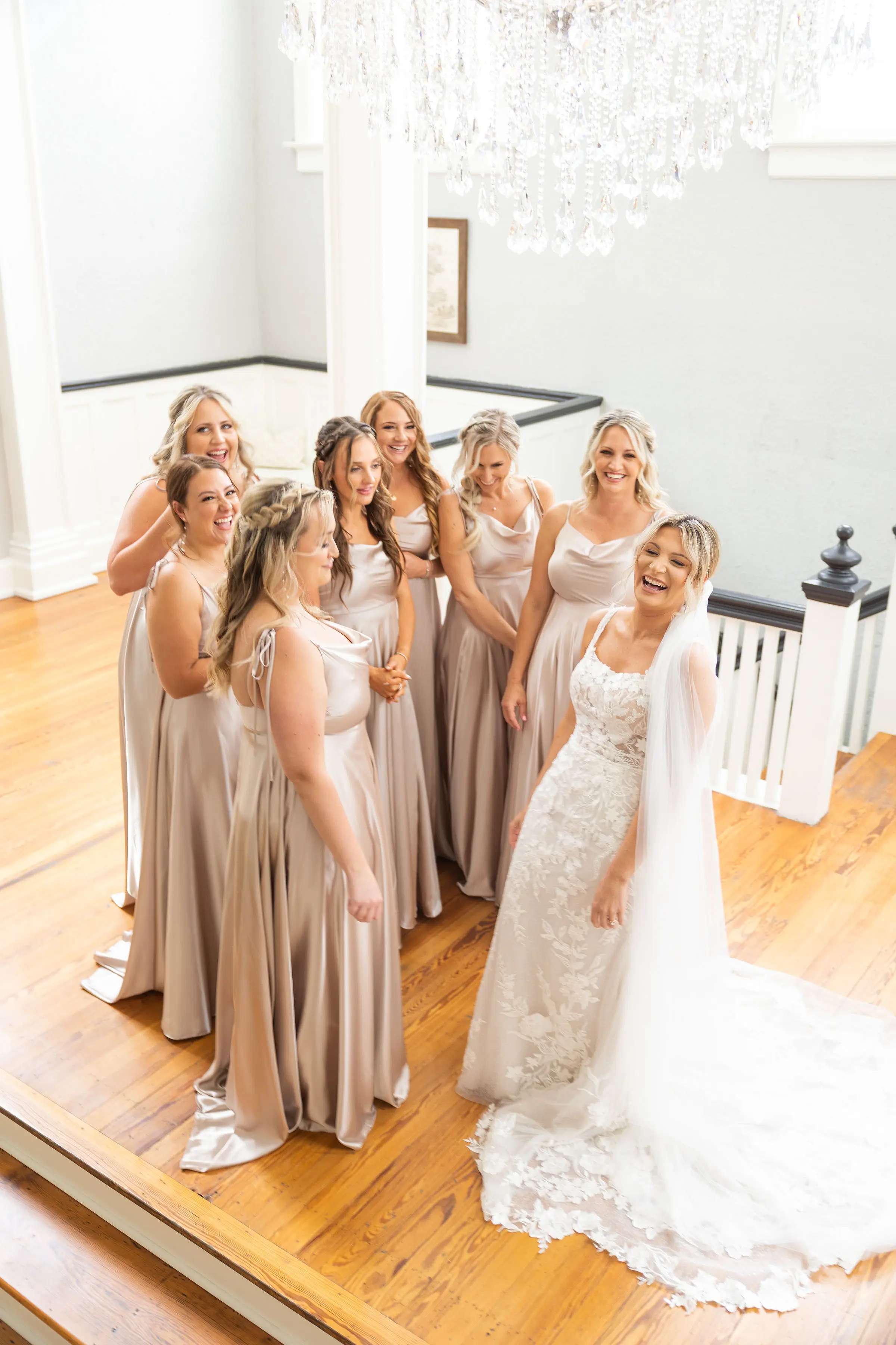 Bride In Nature-Inspired Square Neck Albany Maggie Sottero With Bridesmaids In Pink