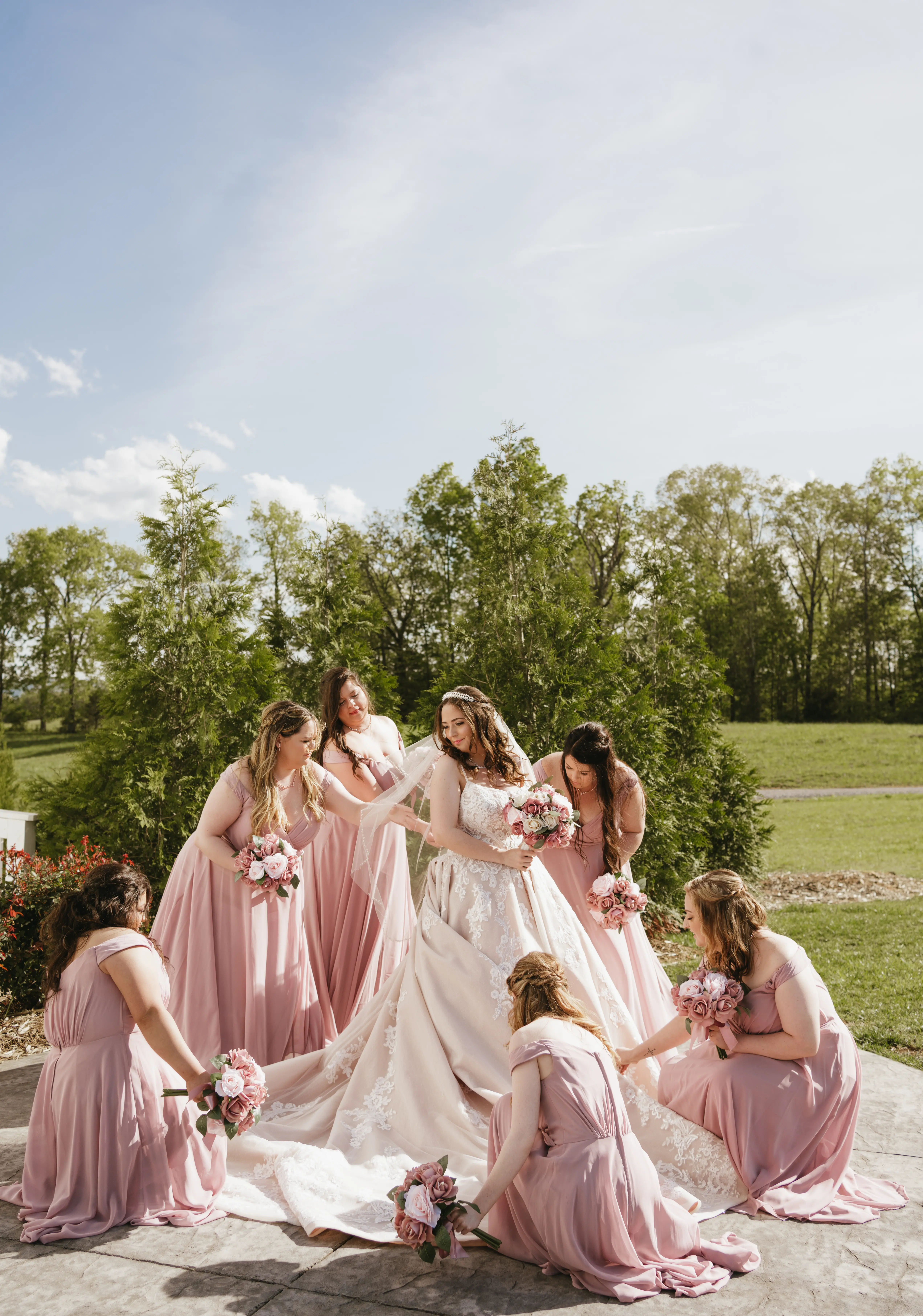 Bride In Ivory Ballgown Norvinia Sottero Midgley With Bridesmaids In Pink