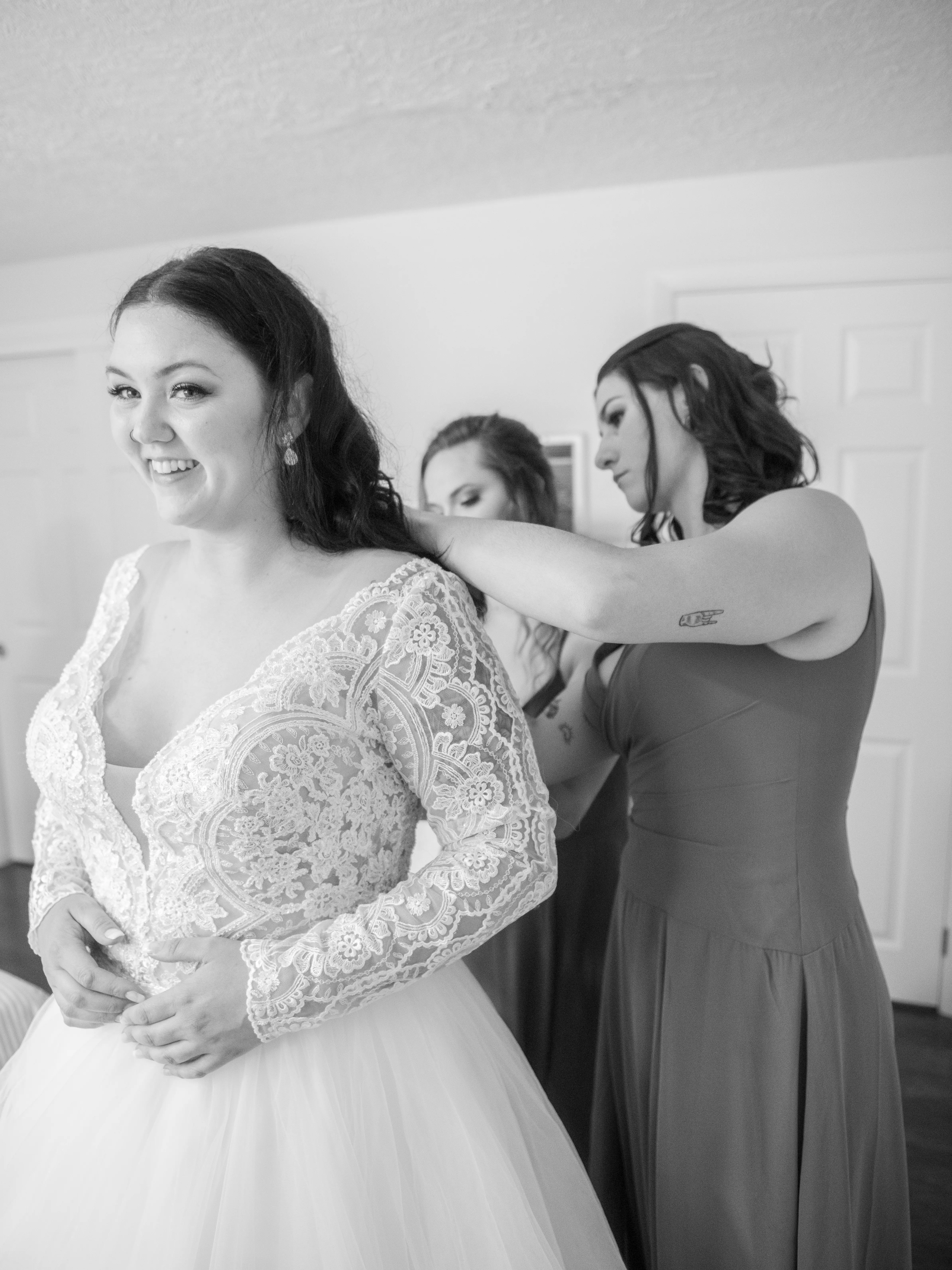 Real Bride in V-neckline, Tulle Skirt Wedding Dress Named Mallory Dawn by Maggie Sottero Getting Dressed