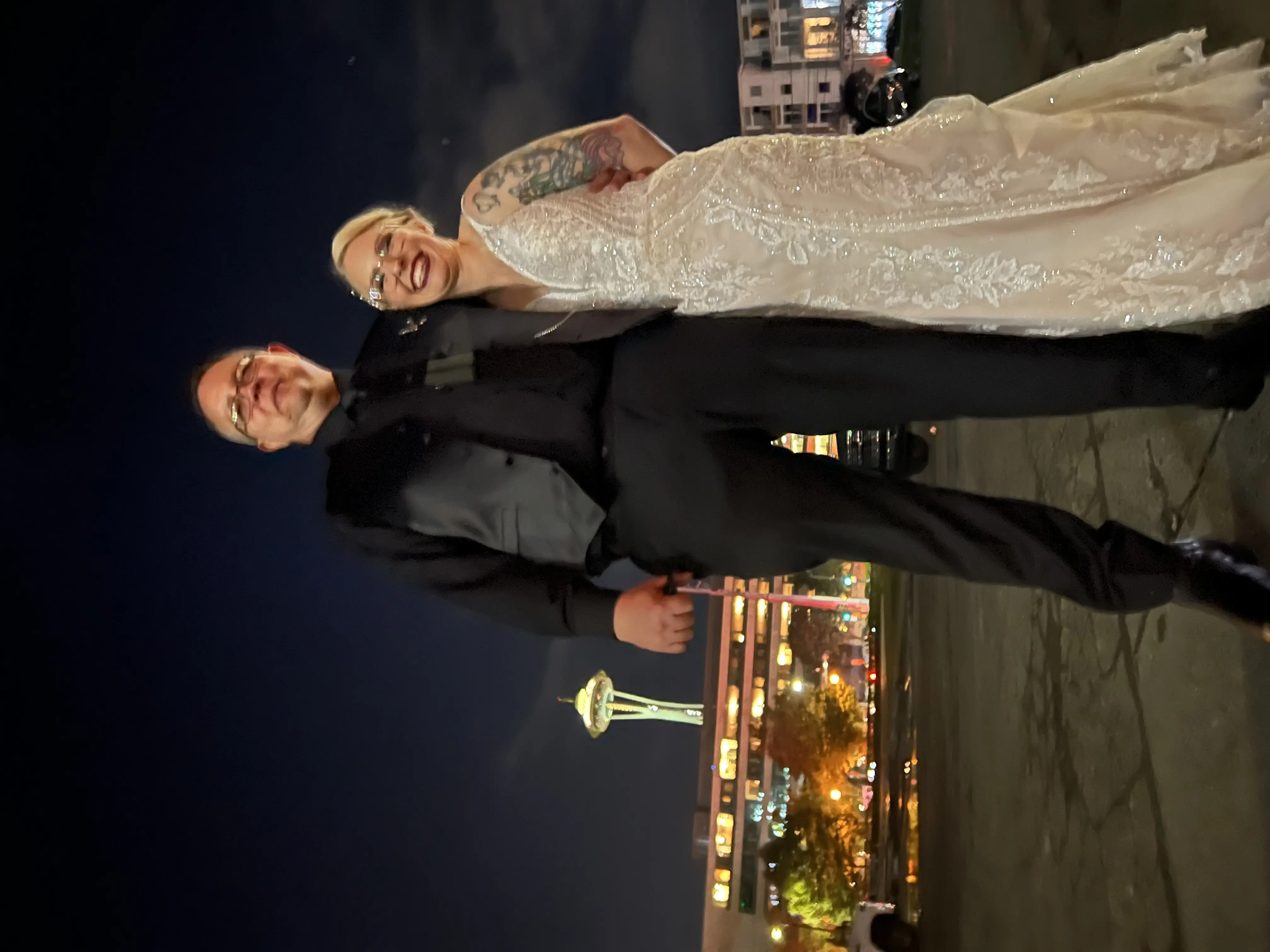Bride Wearing Beaded Lace Wedding Dress Called Franklynn By Maggie Sottero With Groom In Vegas