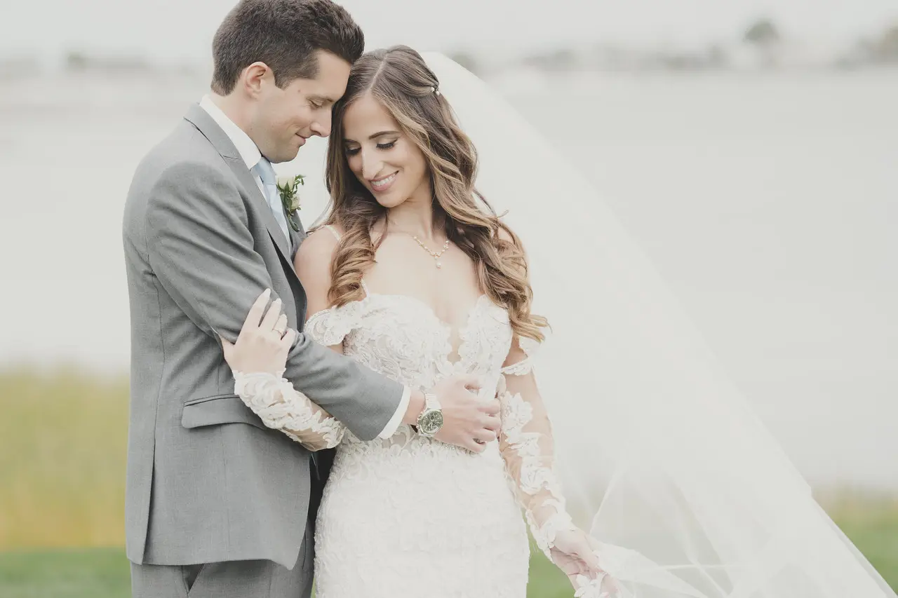 Real Bride in Sparkly Lace Fit-and Flare Bridal Dress with Detachable Off-the-Shoulder Sleeves called Fiona by Maggie Sottero