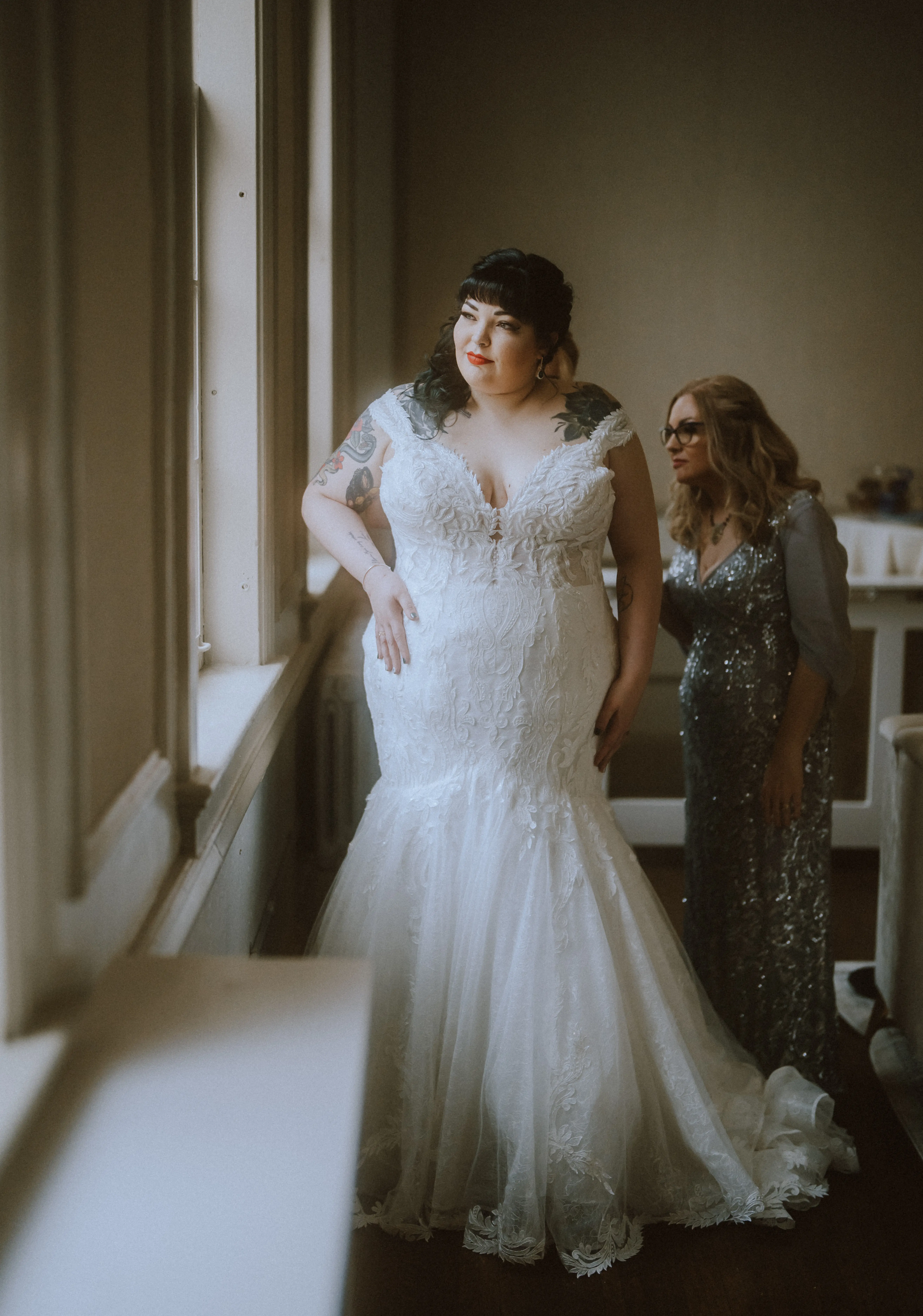 Real Bride in Cap-Sleeve Mermaid Wedding Dress with Lace Motifs and eep V-Neckline Called Joss by Sottero & Midgley