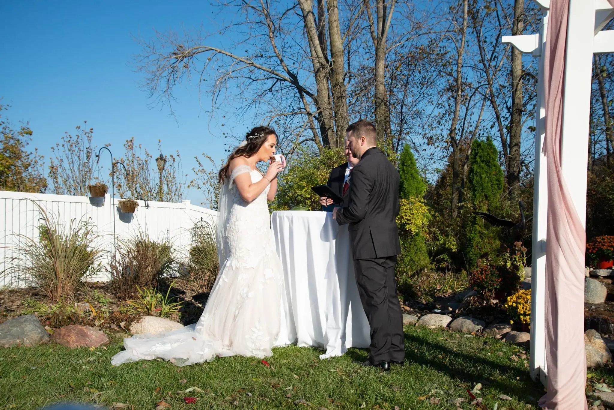 Tea Unity Ceremony with Bride in Strapless Mermaid Bridal Gown with Sweetheart Neckline Called Hattie by Rebecca Ingram