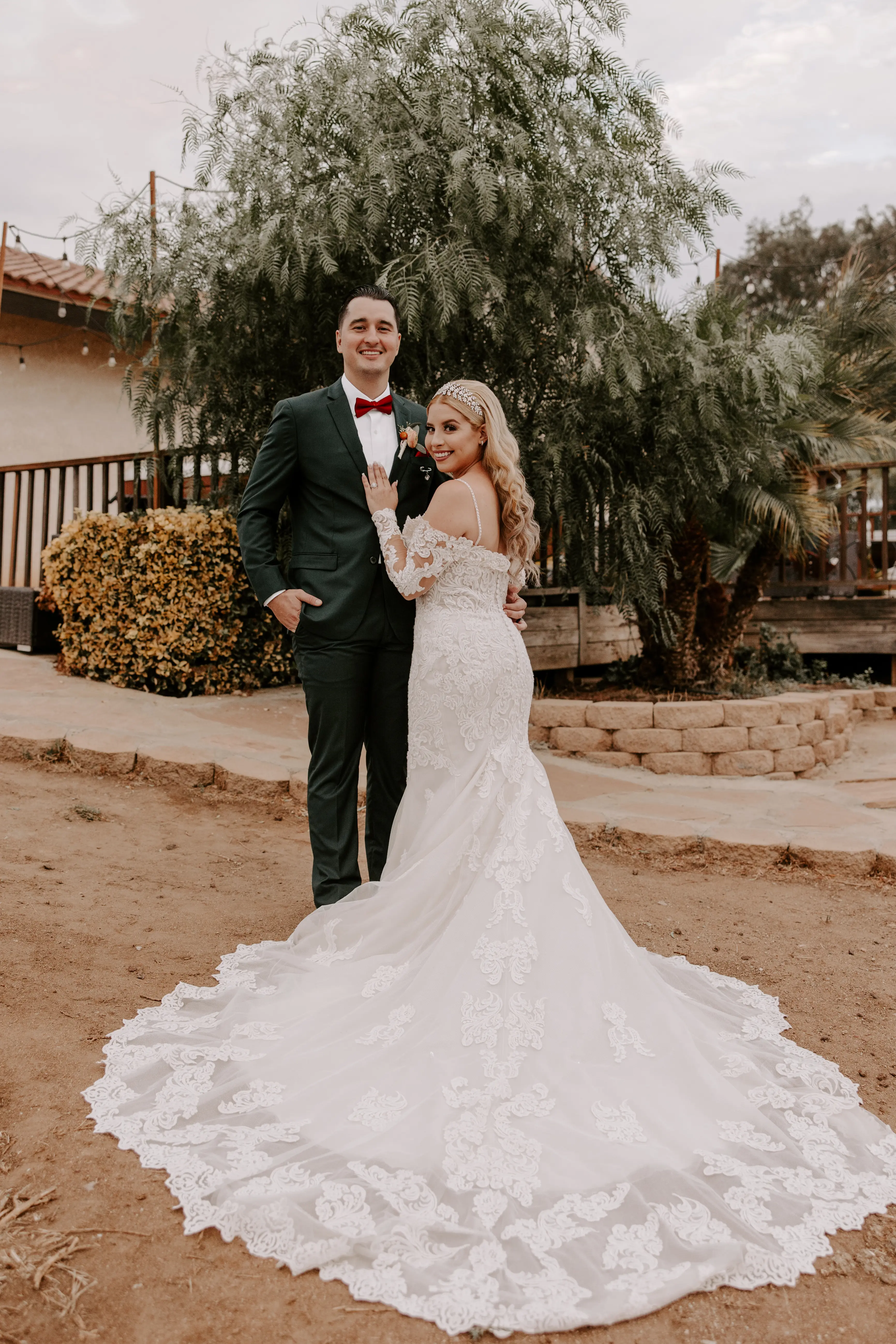 Real Bride in Sparkly Lace Fit-and-Flare Wedding Gown with Off-the-Shoulder Sleeves Called Fiona by Maggie Sottero
