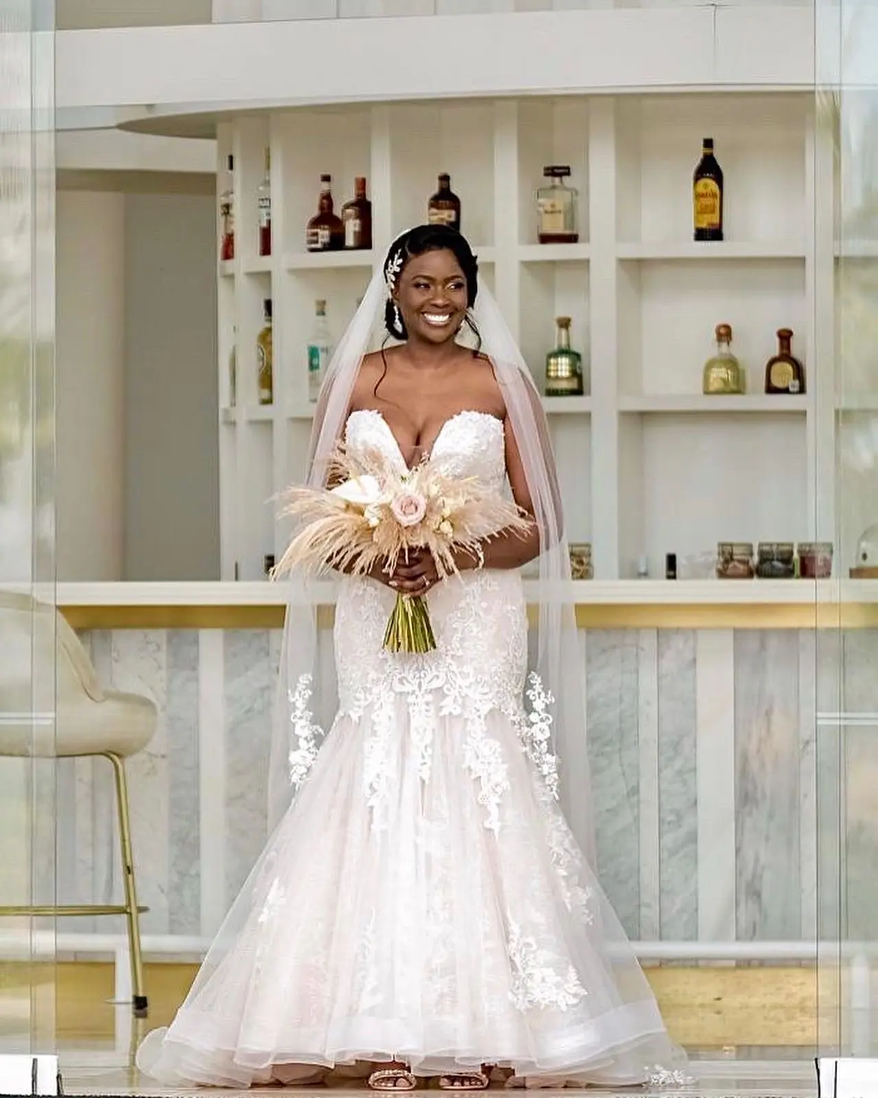 Bride Wearing Mermaid Wedding Dress With Glitter Tulle Lonnie Lynette By Maggie Sottero