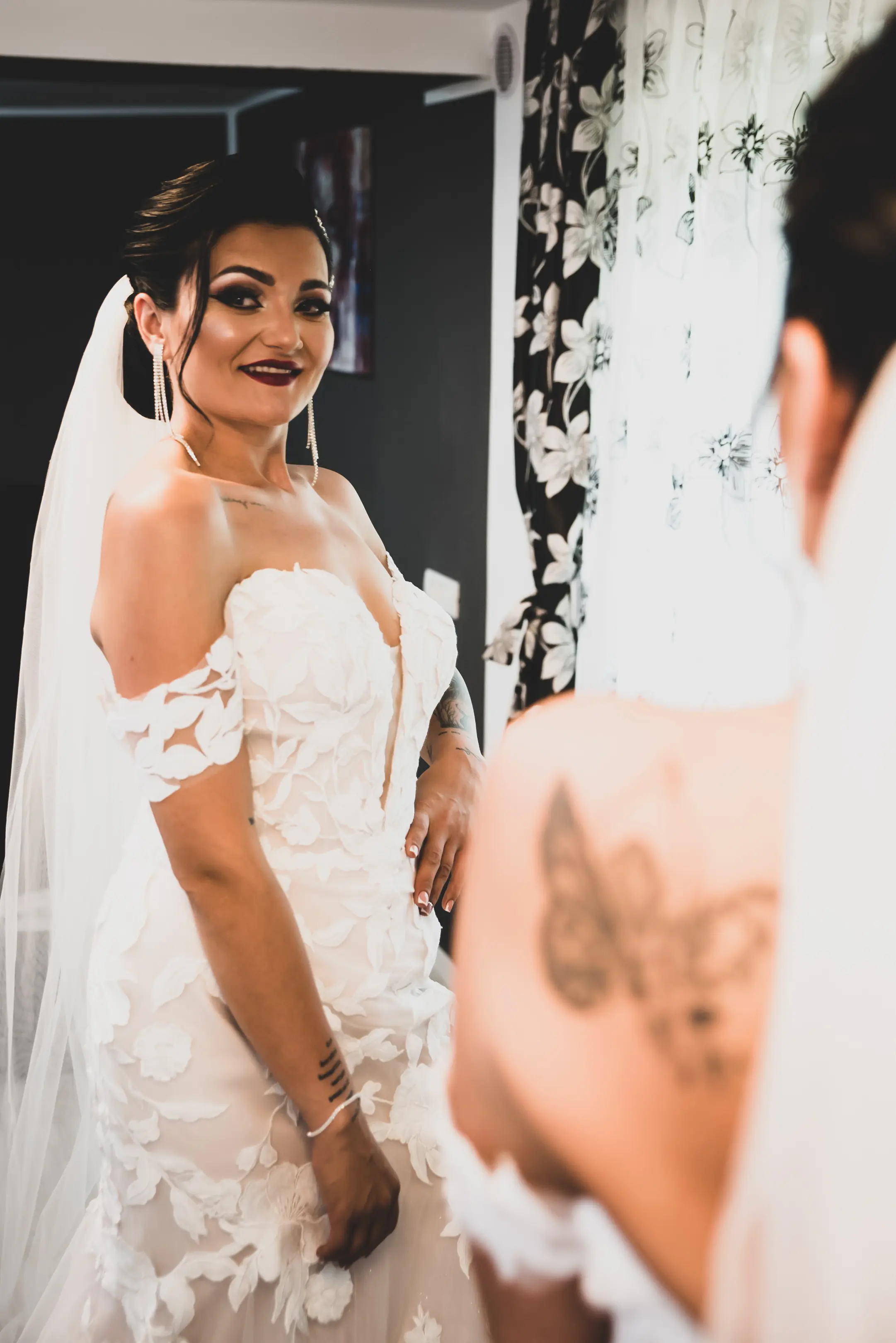 Bride Wearing Lace Mermaid Wedding Gown Called Hattie By Rebecca Ingram Looking In The Mirror