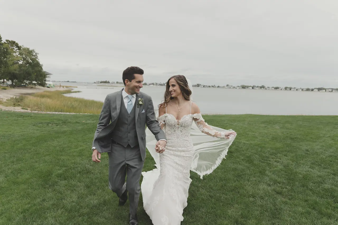 Real Bride in Sparkly Lace Fit-and Flare Bridal Dress with Detachable Off-the-Shoulder Sleeves called Fiona by Maggie Sottero