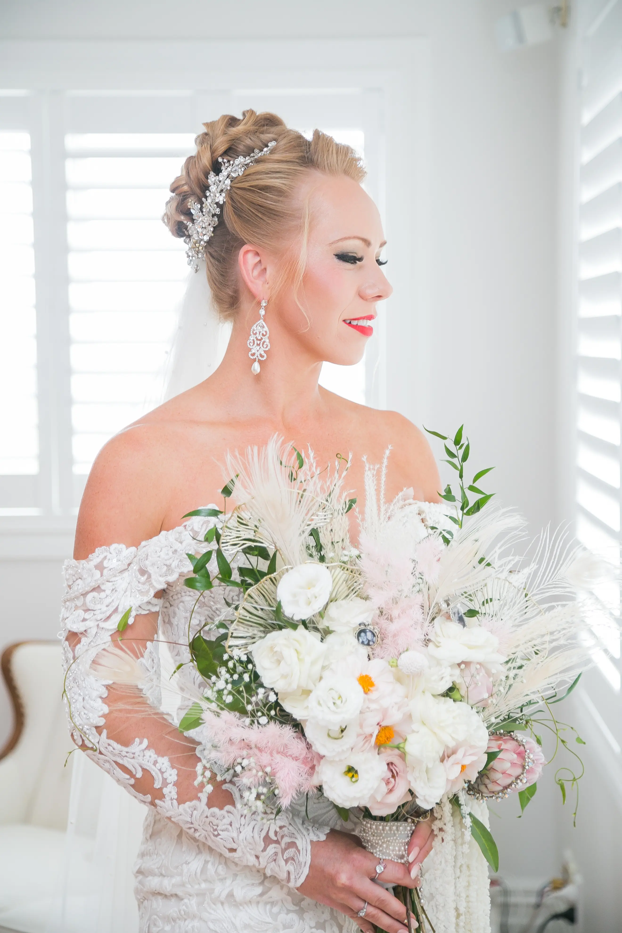 Bride In Lace Off The Shoulder Wedding Dress Called Fiona By Maggie Sottero
