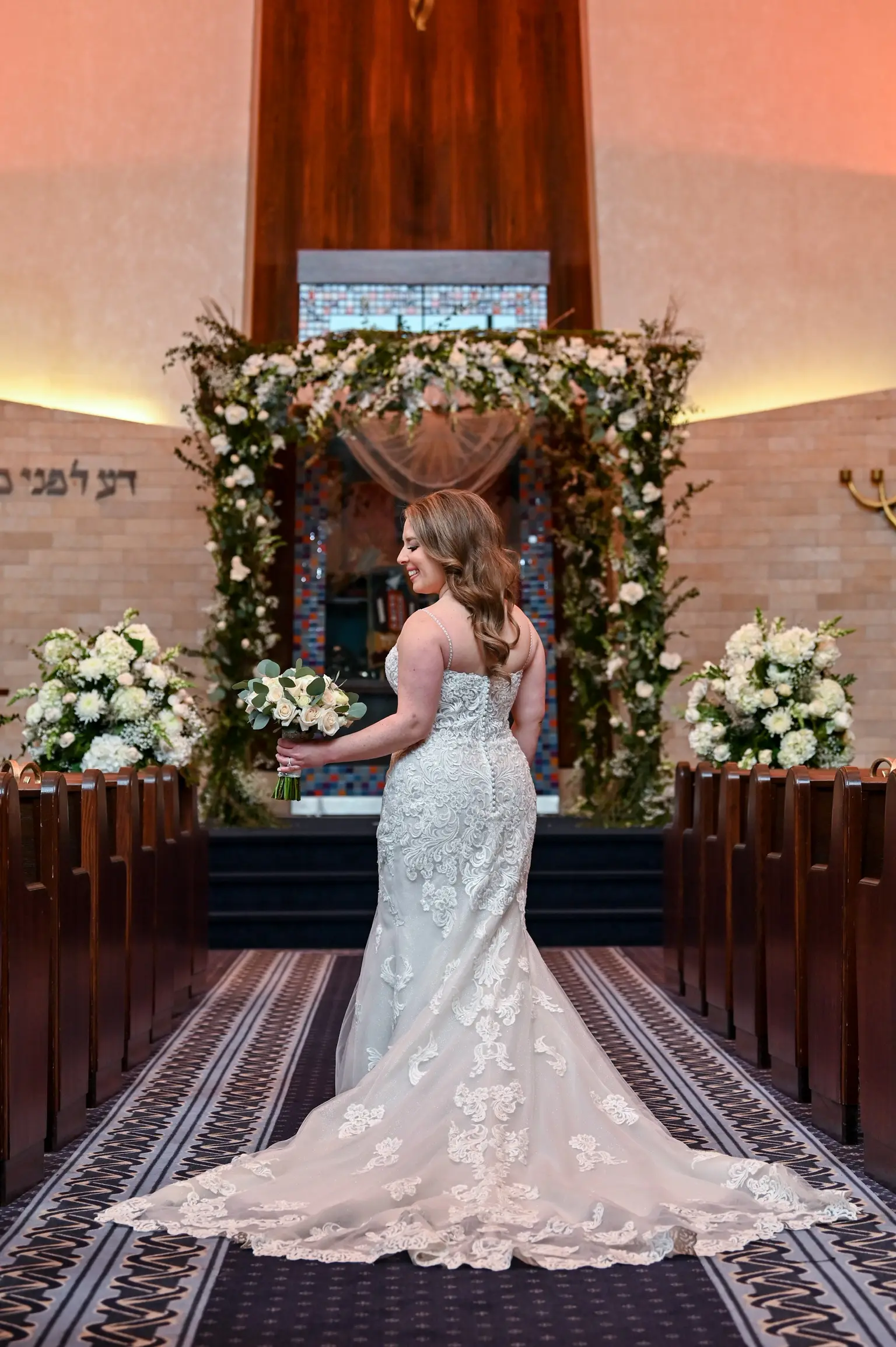 Bride Wearing Lace Fit-And-Flare Wedding Dress Called Fiona By Maggie Sottero