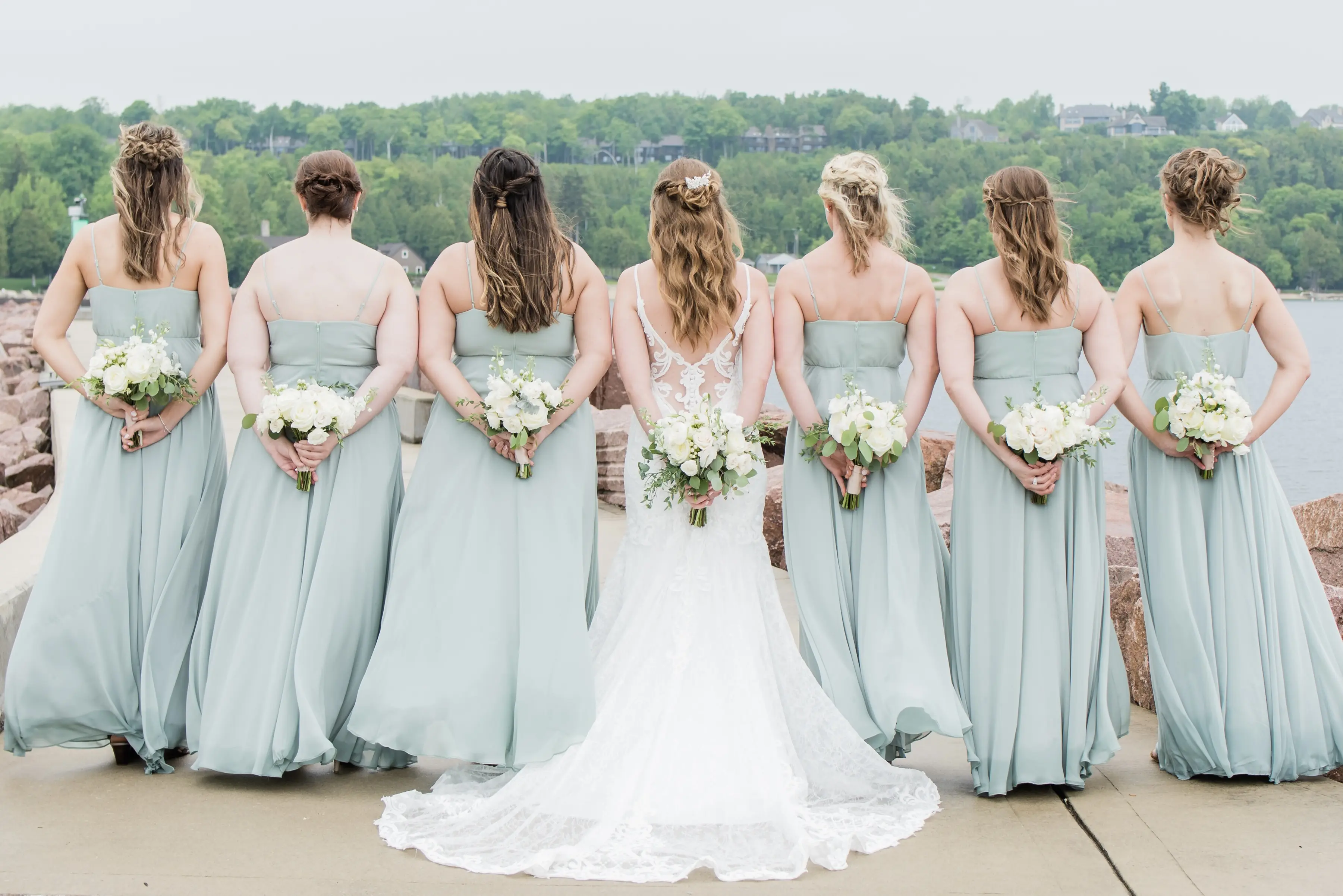 Bridesmaids With Bride Wearing Lace Mermaid Wedding Dress Esther By Maggie Sottero