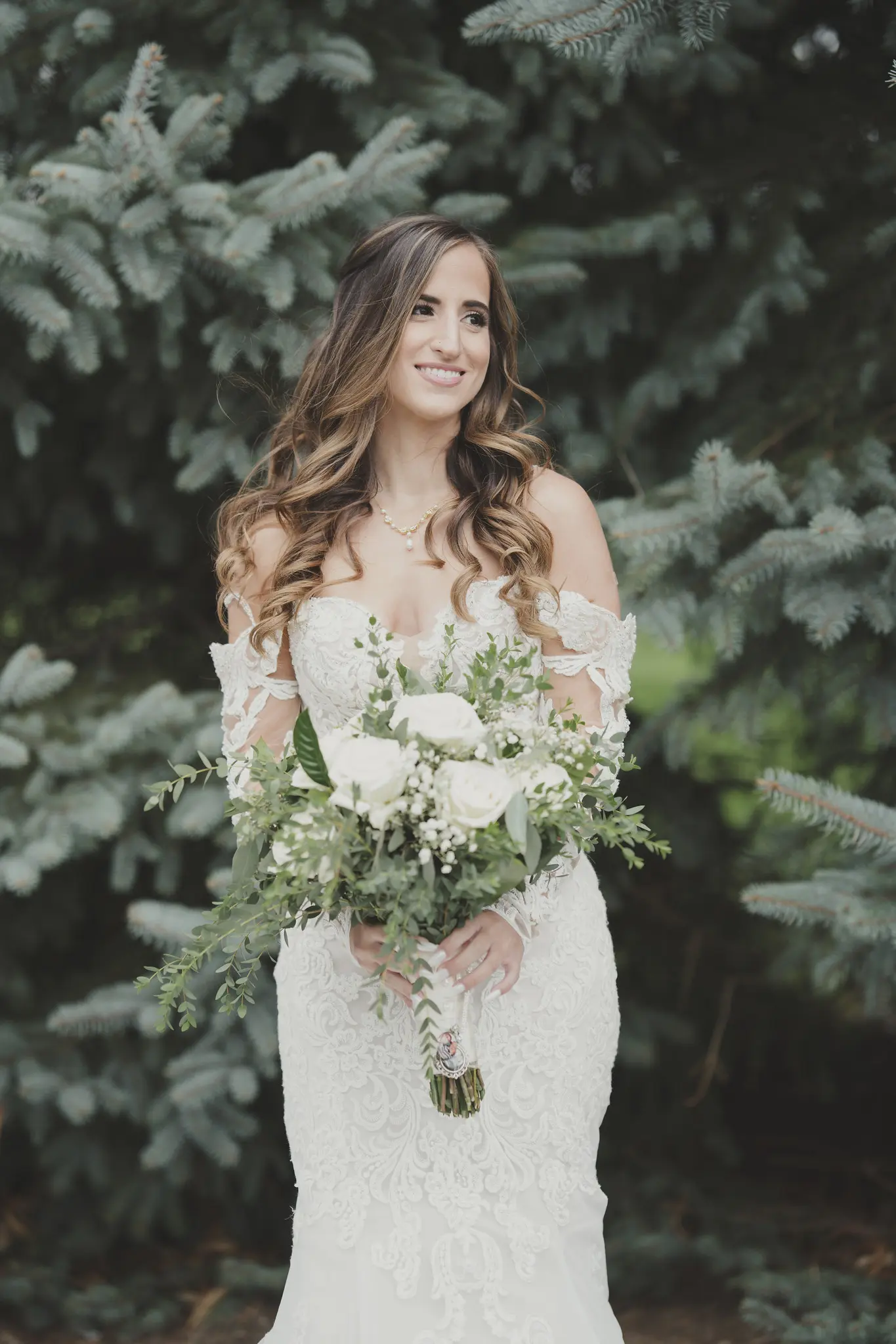 Real Bride in Sparkly Lace Fit-and Flare Bridal Dress with Detachable Off-the-Shoulder Sleeves called Fiona by Maggie Sottero