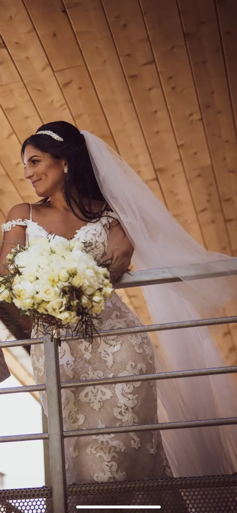 Bride Wearing Lace Sheath Wedding Dress Called Tuscany Lynette By Maggie Sottero