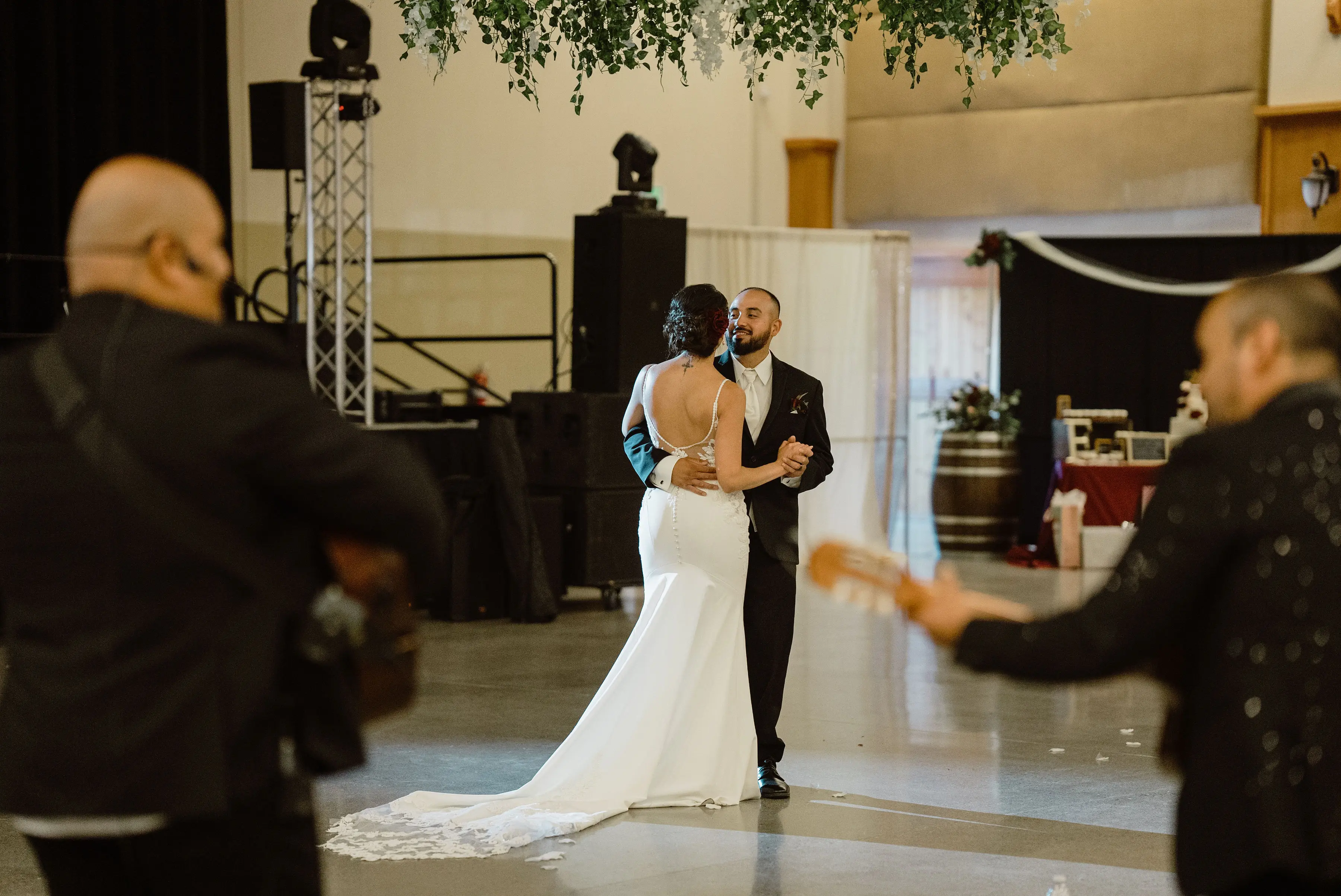 Groom with Bride in Lace Spaghetti Strap Mermaid Wedding Gown Called Nikki by Maggie Sottero
