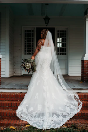 Real Bride in Breaded Sparkly Lace Fit-and-Flare Dress with Scalloped Illusion Lace Train Called Fiona by Maggie Sottero