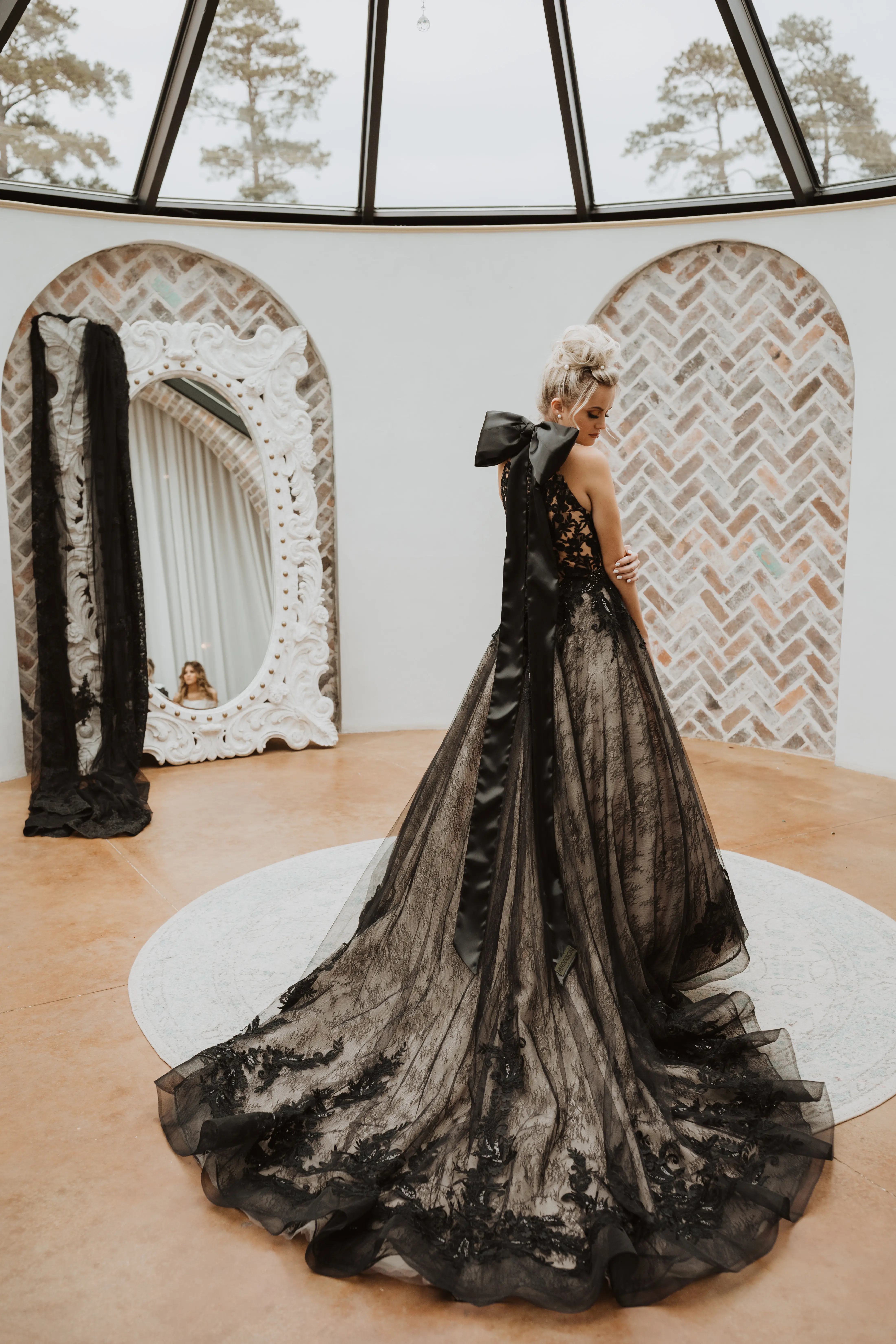 Real Bride in Beautiful Black Ball Gown Wedding Dress with Contrasting Layers of Tulle, Lace Motifs, and Chantilly Lace Called Zander by Sottero & Midgley