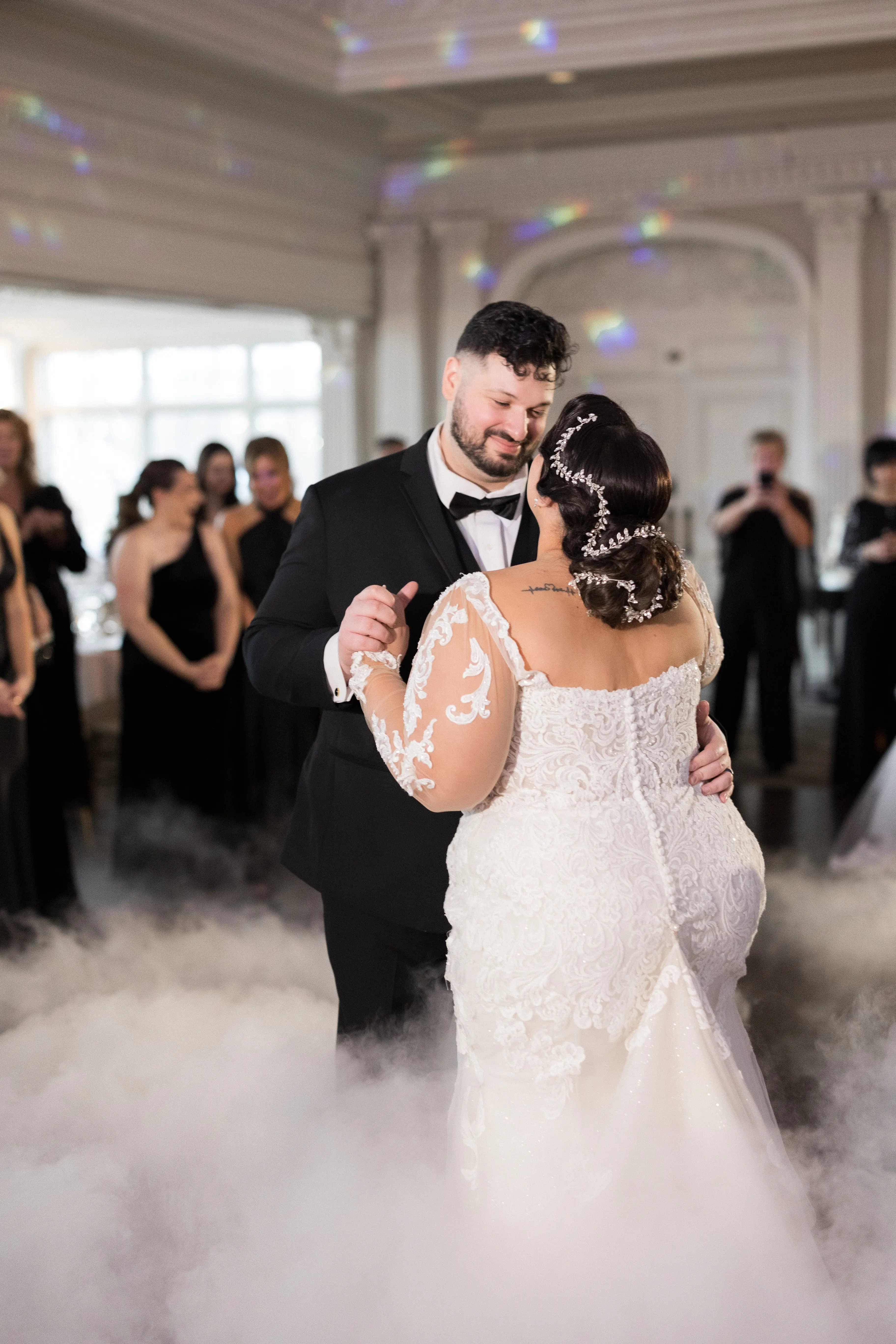 Bride Wearing Sexy Lace Long Sleeve Wedding Dress Called Fiona By Maggie Sottero Dancing With Groom