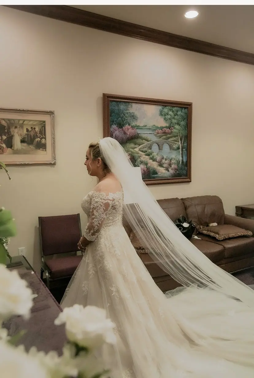 bride wearing off the shoulder A line wedding dress