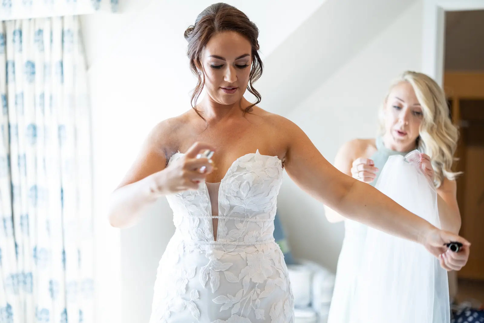 Bride Wearing Lace Mermaid Wedding Dress Called Hattie By Rebecca Ingram Getting Ready