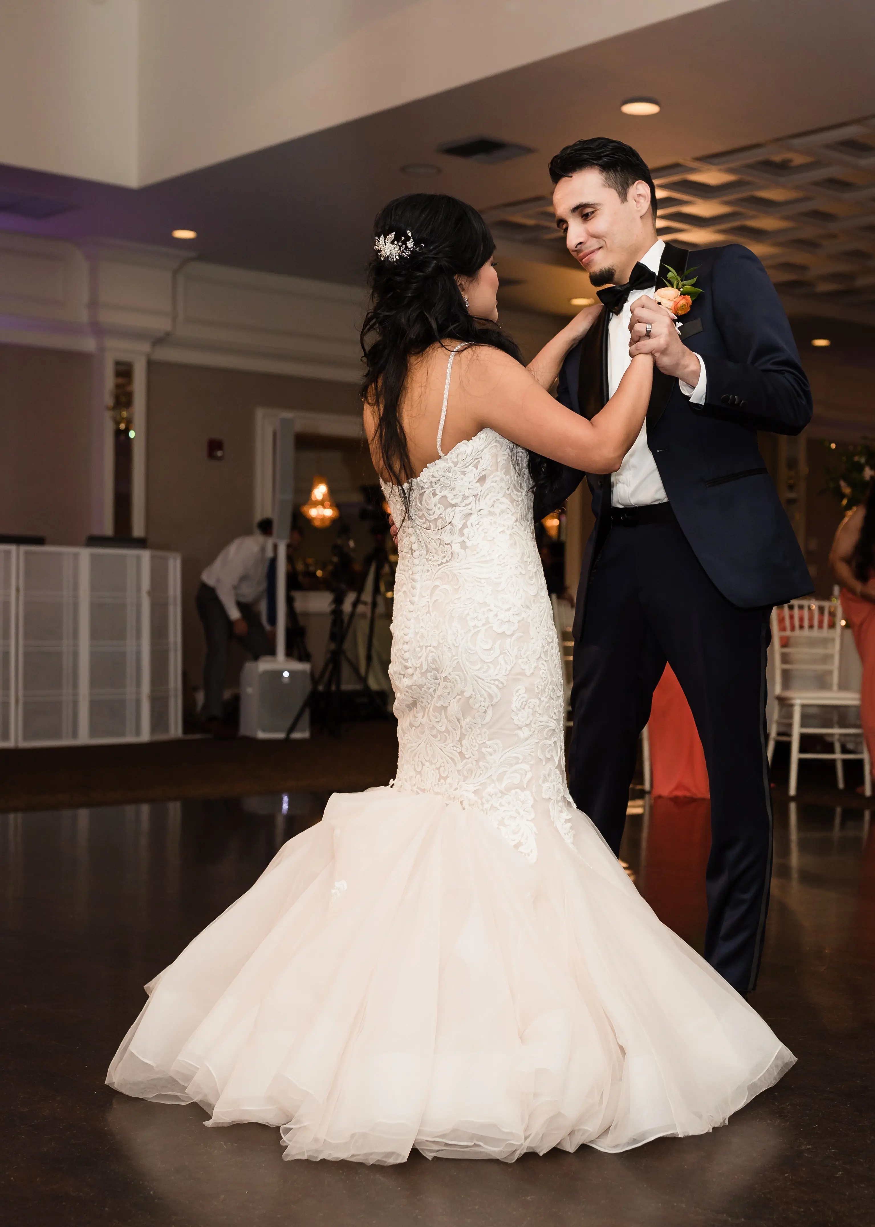 Bride Wearing Lace Fit and Flare Wedding Dress by Maggie Sottero Bride Dancing With Groom