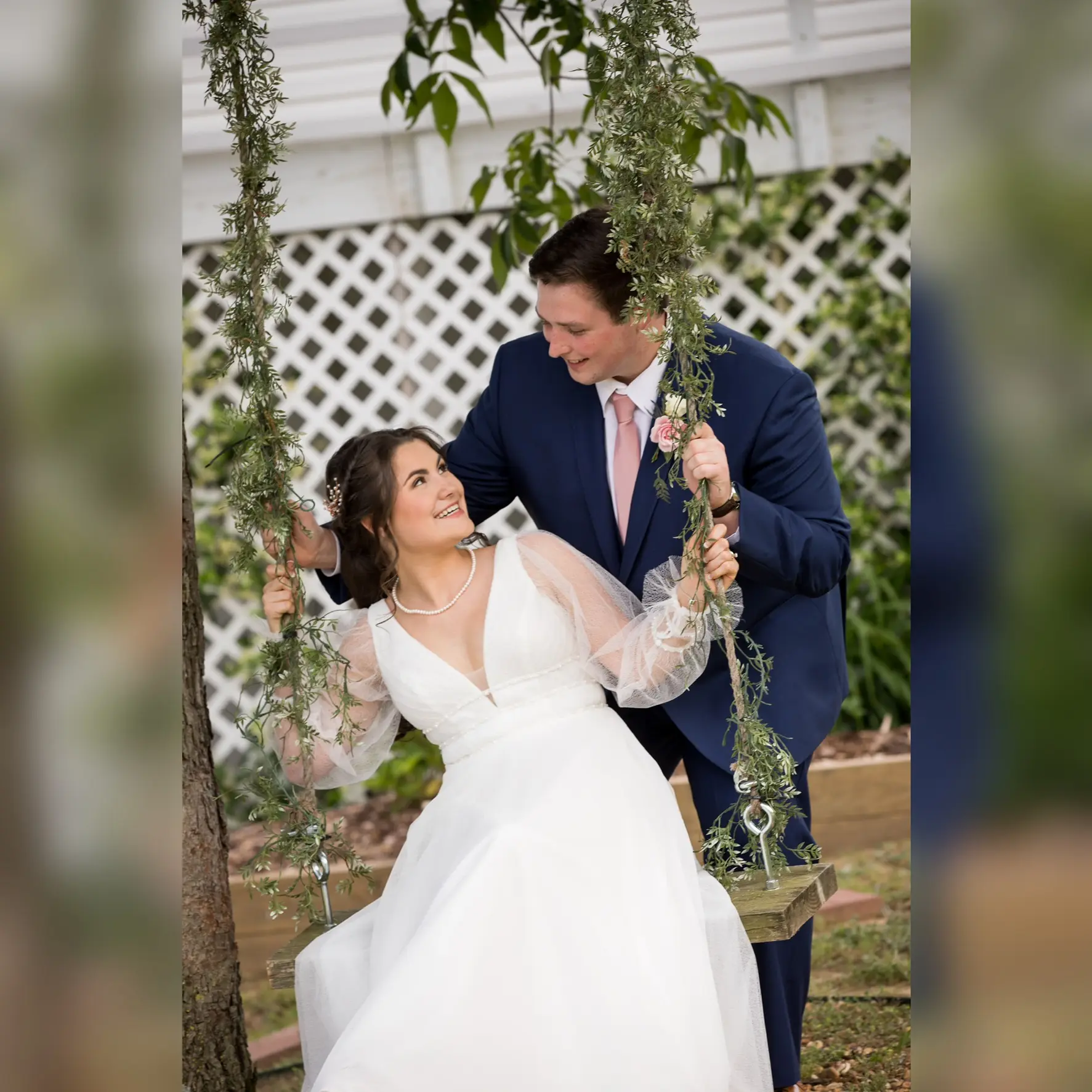 Groom With Bride Wearing A-Line Vintage Wedding Dress Joanne By Rebecca Ingram