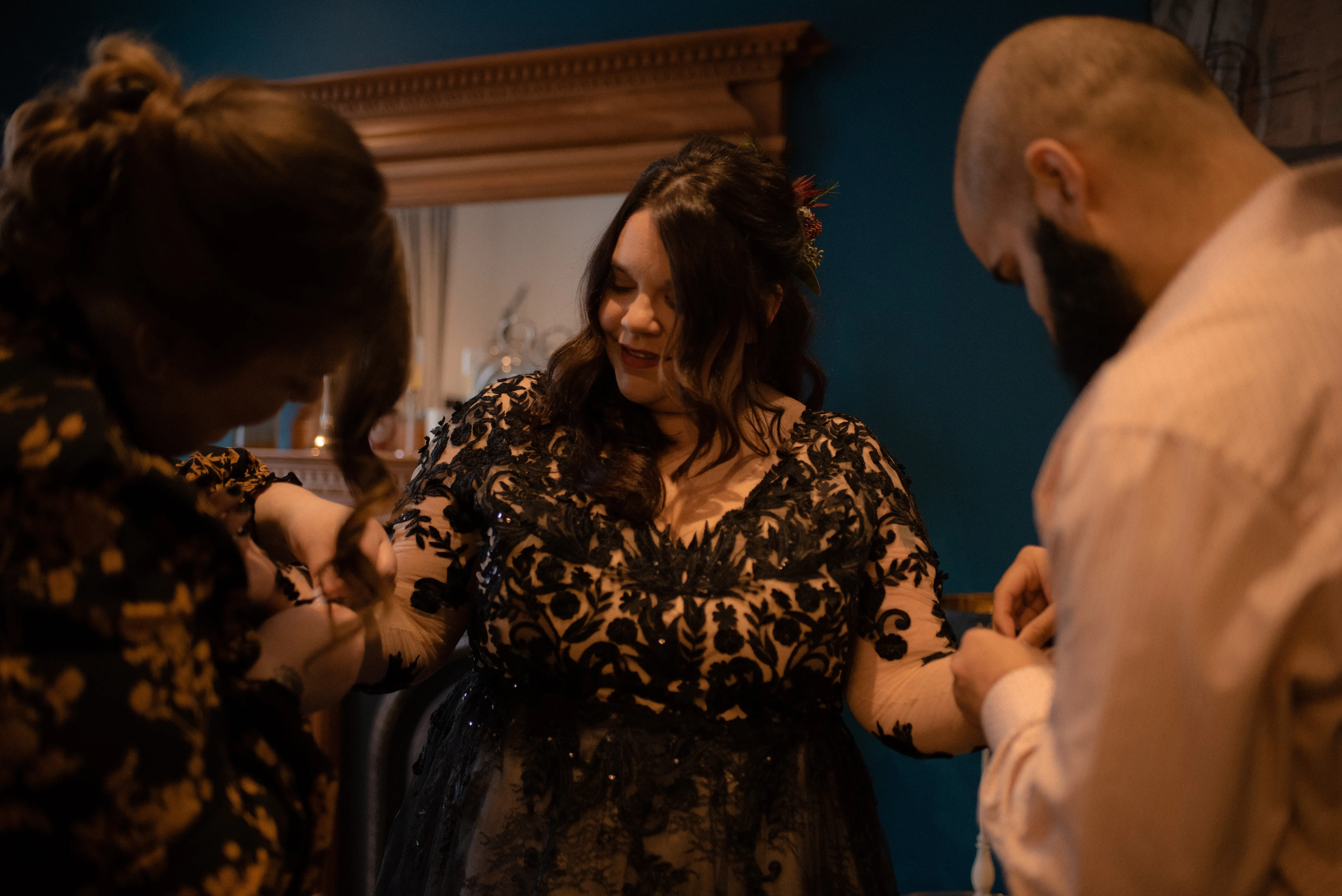 Bride Wearing Black A-Line Wedding Dress Called Zander By Sottero And Midgley Getting Ready