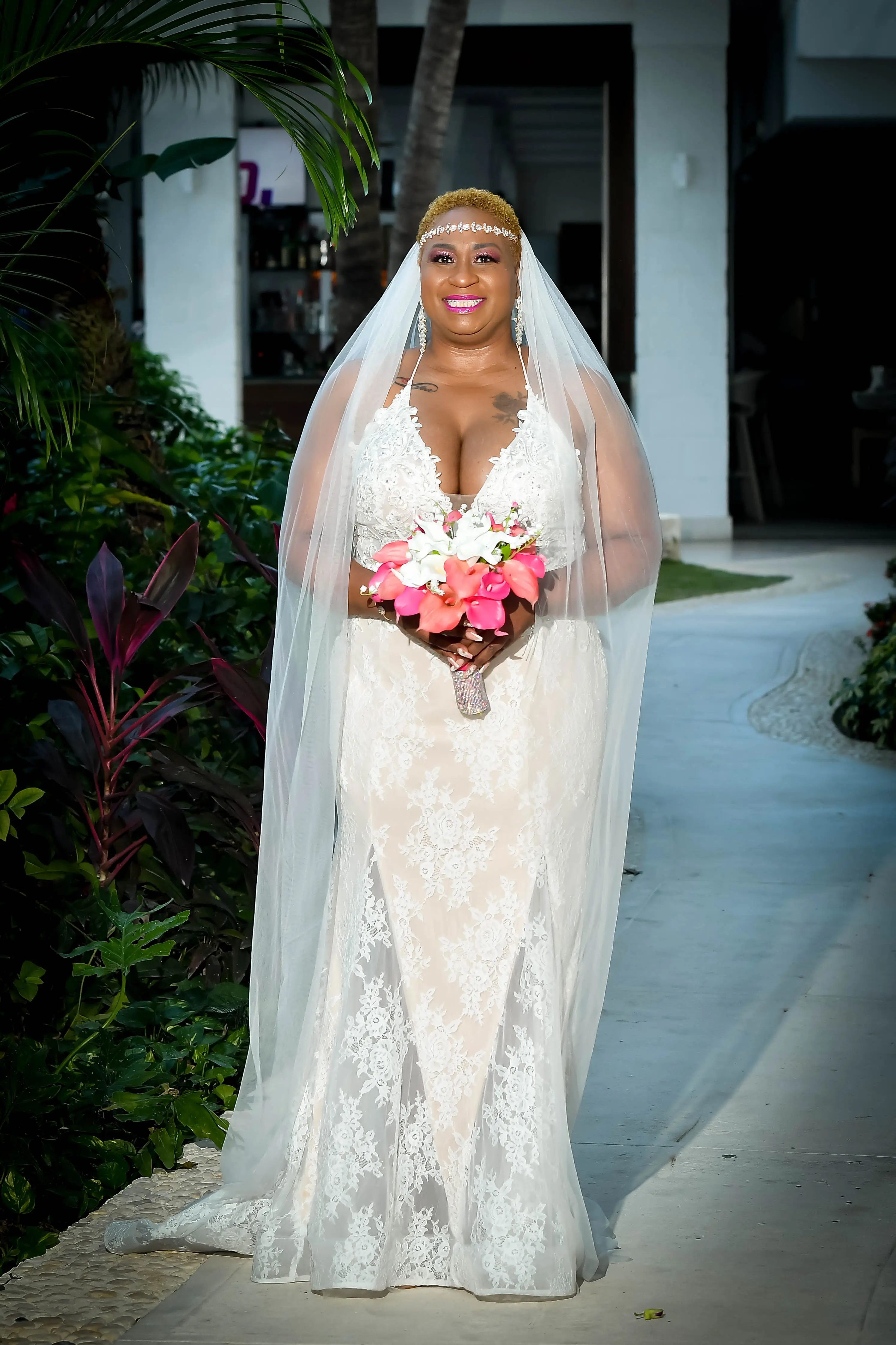 Bride Wearing Sparkly Lace Wedding Dress Called Tuscany Lynette By Maggie Sottero