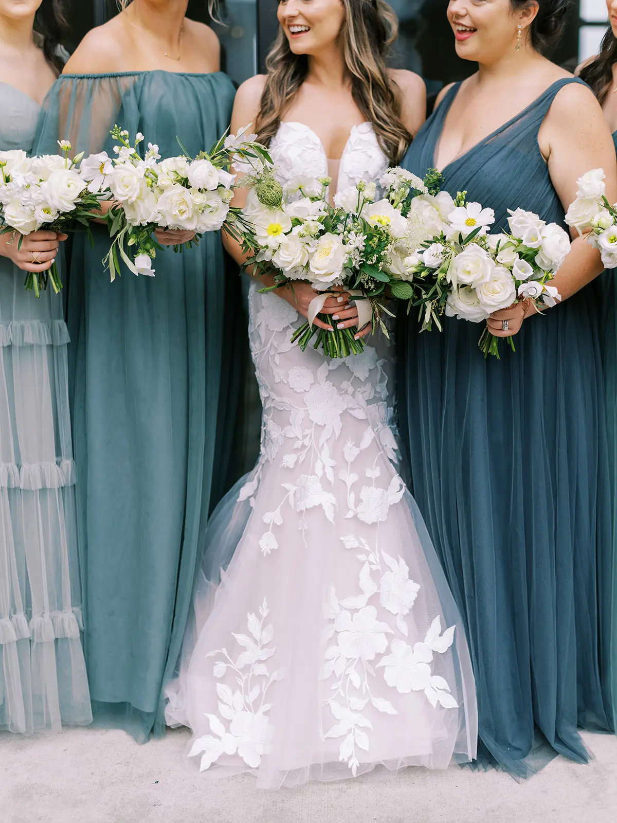 Bride In Floral Mermaid Hattie Rebecca Ingram With Bridesmaids In Blue
