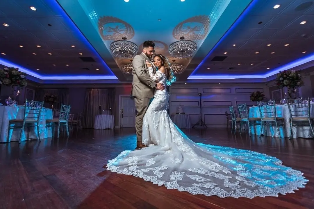 Bride Wearing Lace Fit-And-Flare Wedding Dress Called Fiona By Maggie Sottero