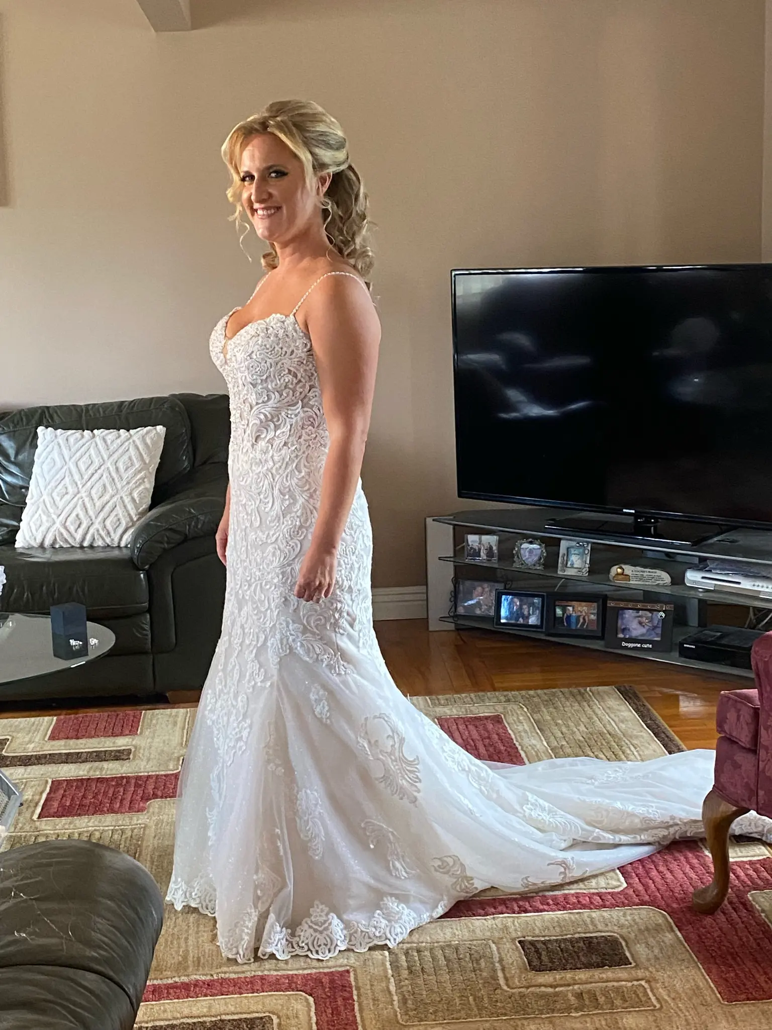 Real Bride in Sparkly Lace Fit-and-Flare Bridal Dress with Scalloped Illusion Lace Train Called Fiona by Maggie Sottero