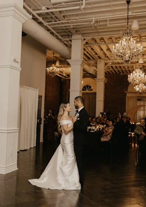 Bride In Off-the-Shoulder Fit-and-Flare Josie Rebecca Ingram With Groom