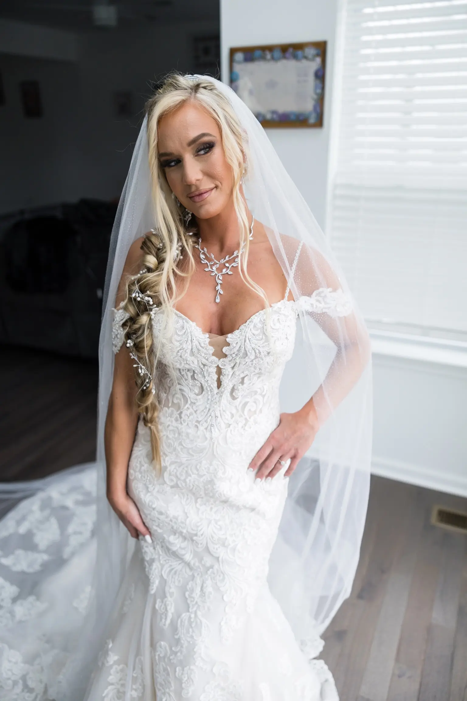 Bride In Lace Off The Shoulder Wedding Dresses Called Fiona By Maggie Sottero With Groom
