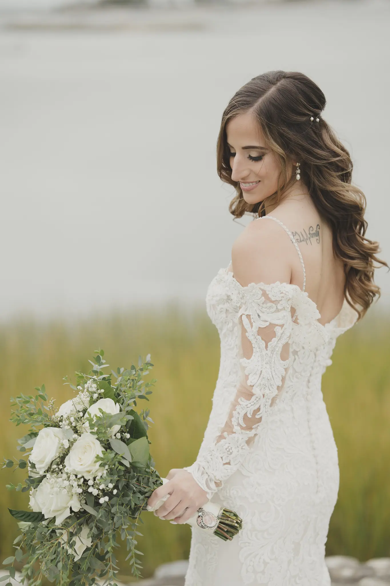 Real Bride in Sparkly Lace Fit-and Flare Bridal Dress with Detachable Off-the-Shoulder Sleeves called Fiona by Maggie Sottero