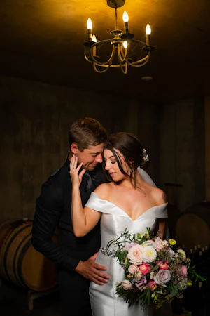 Bride Wearing Simple Classic Wedding Gown Called Josie By Rebecca Ingram With Groom