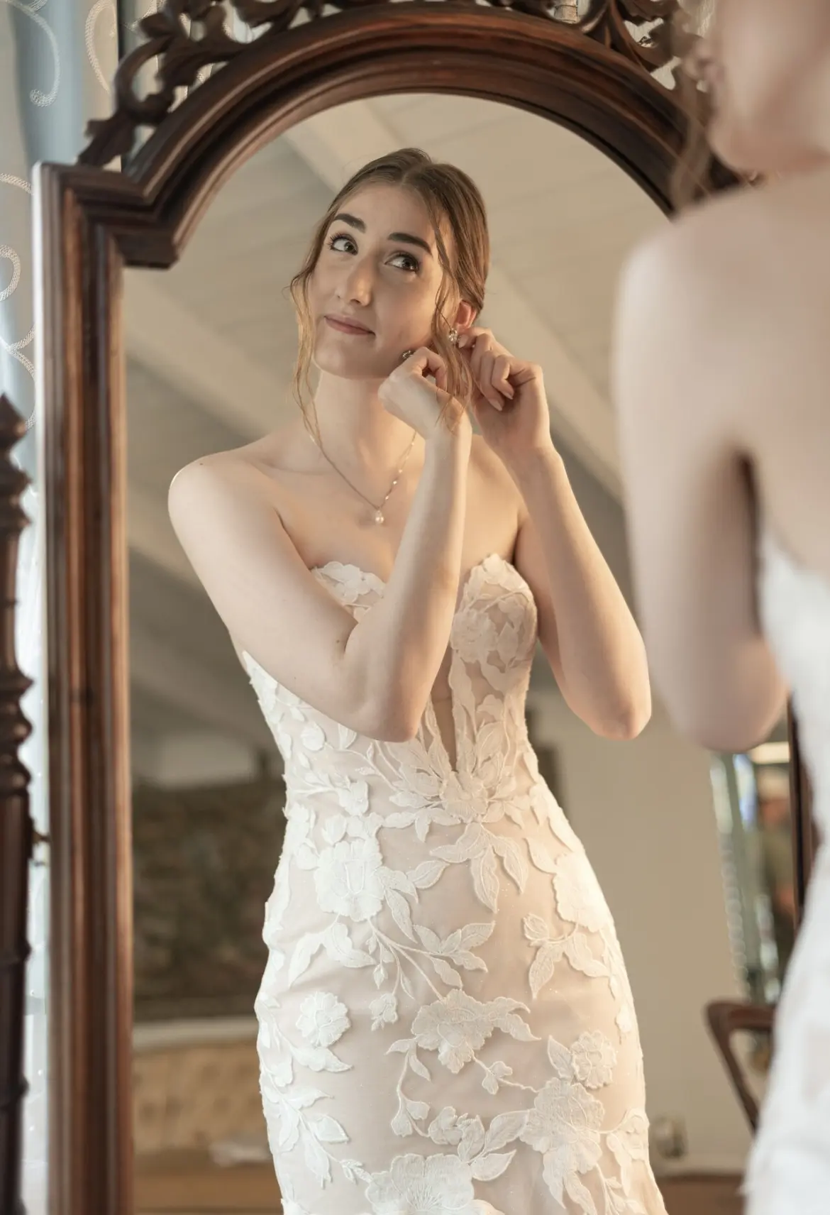Beautiful Bride Getting Ready Wearing Strapless Mermaid Gown With Oversized Lace Called Hattie By Rebecca Ingram