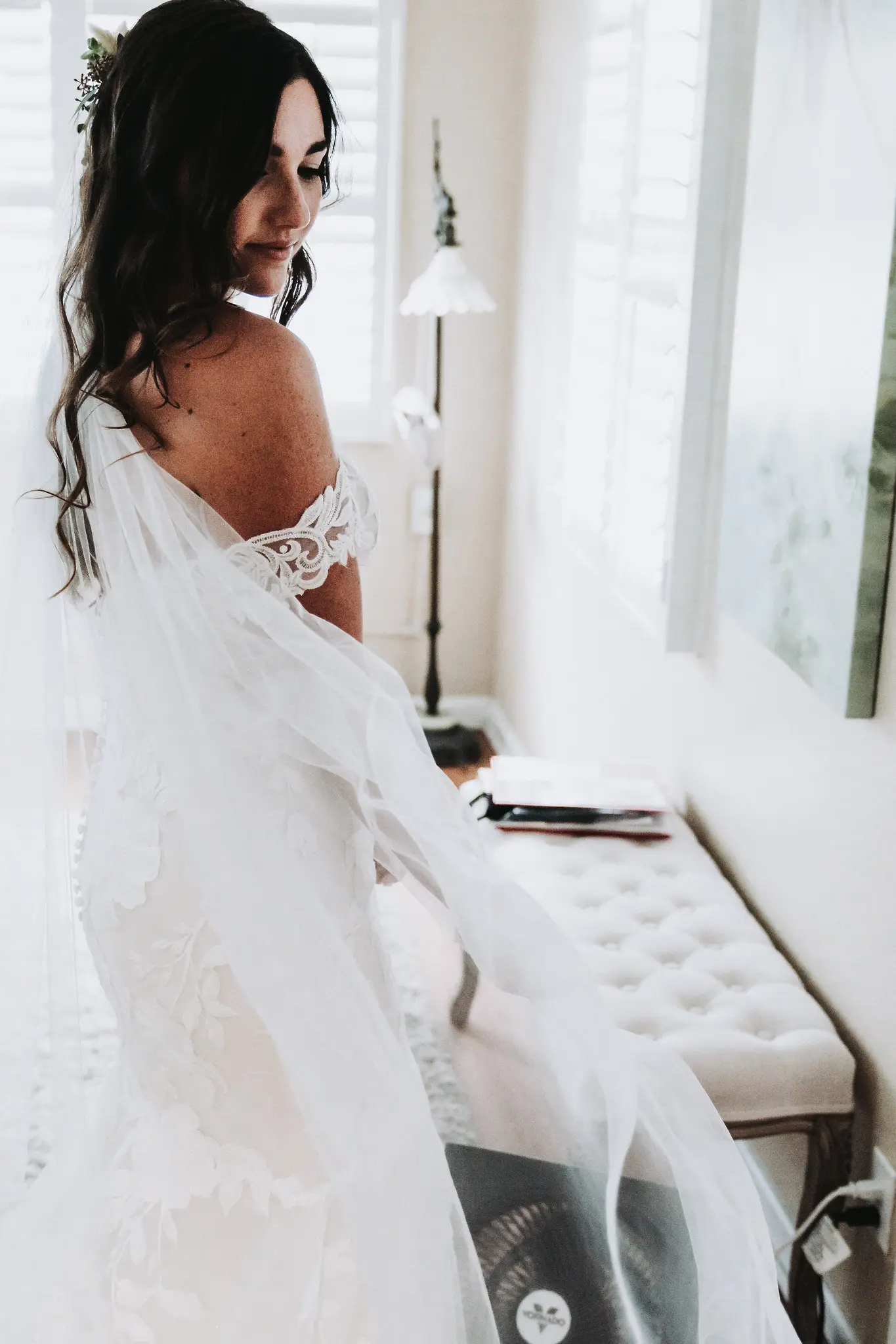 Bride Wearing Mermaid Wedding Dress With Oversized Lace Hattie By Rebecca Ingram