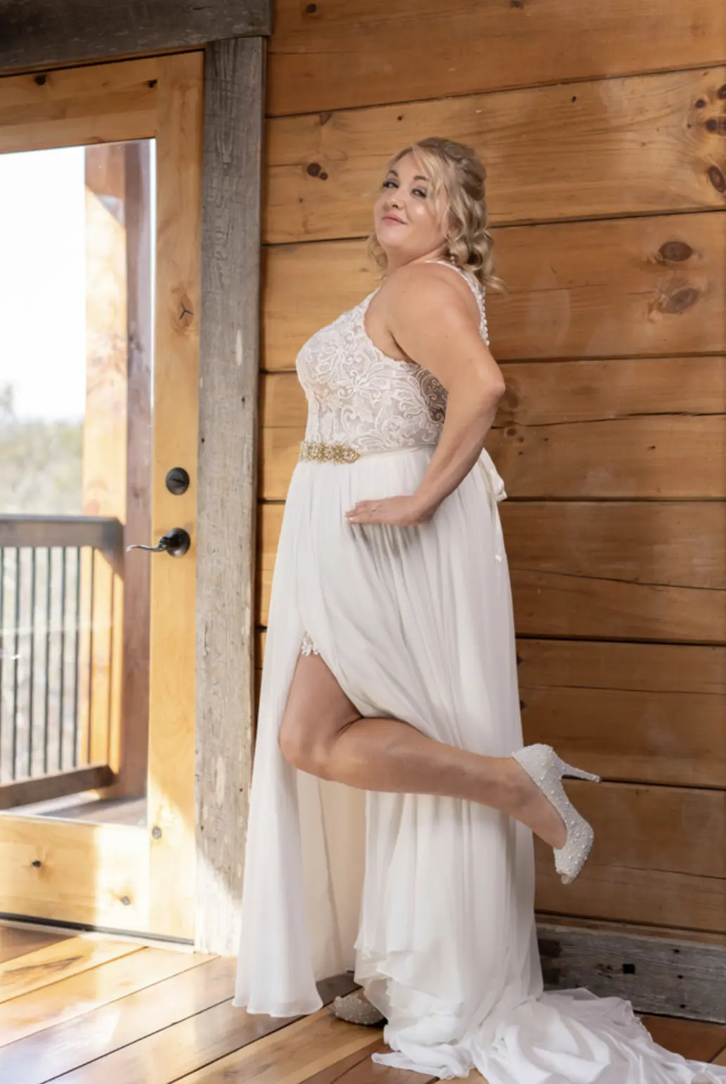 Bride In Chiffon Wedding Dress Called Tasha By Rebecca Ingram In Sparkly Heels