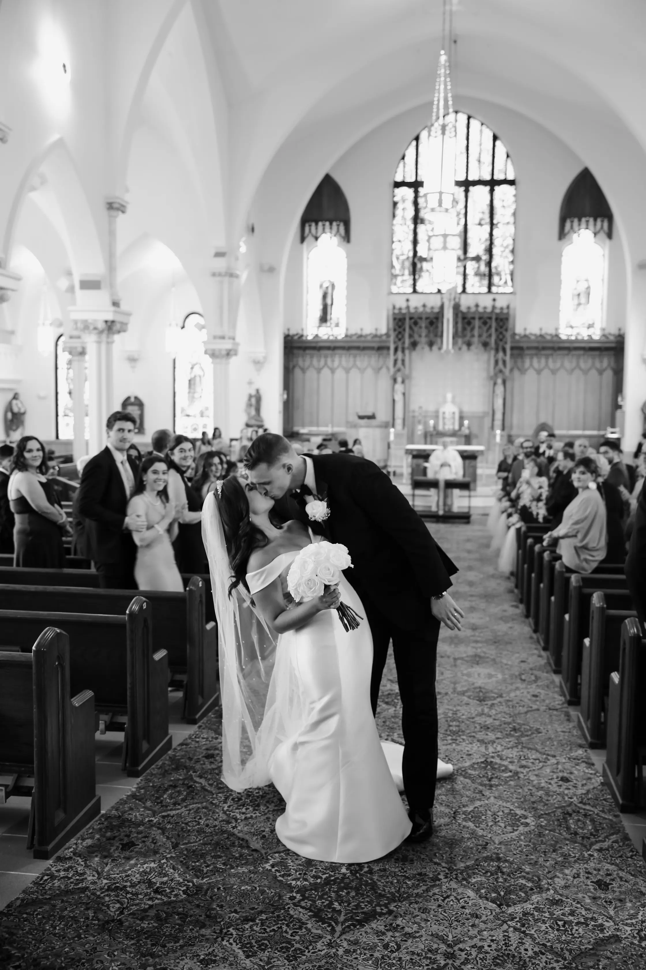 Groom With Bride Wearing Vintage Off The Shoulder Fit-And-Flare Wedding Dress Josie By Rebecca Ingram