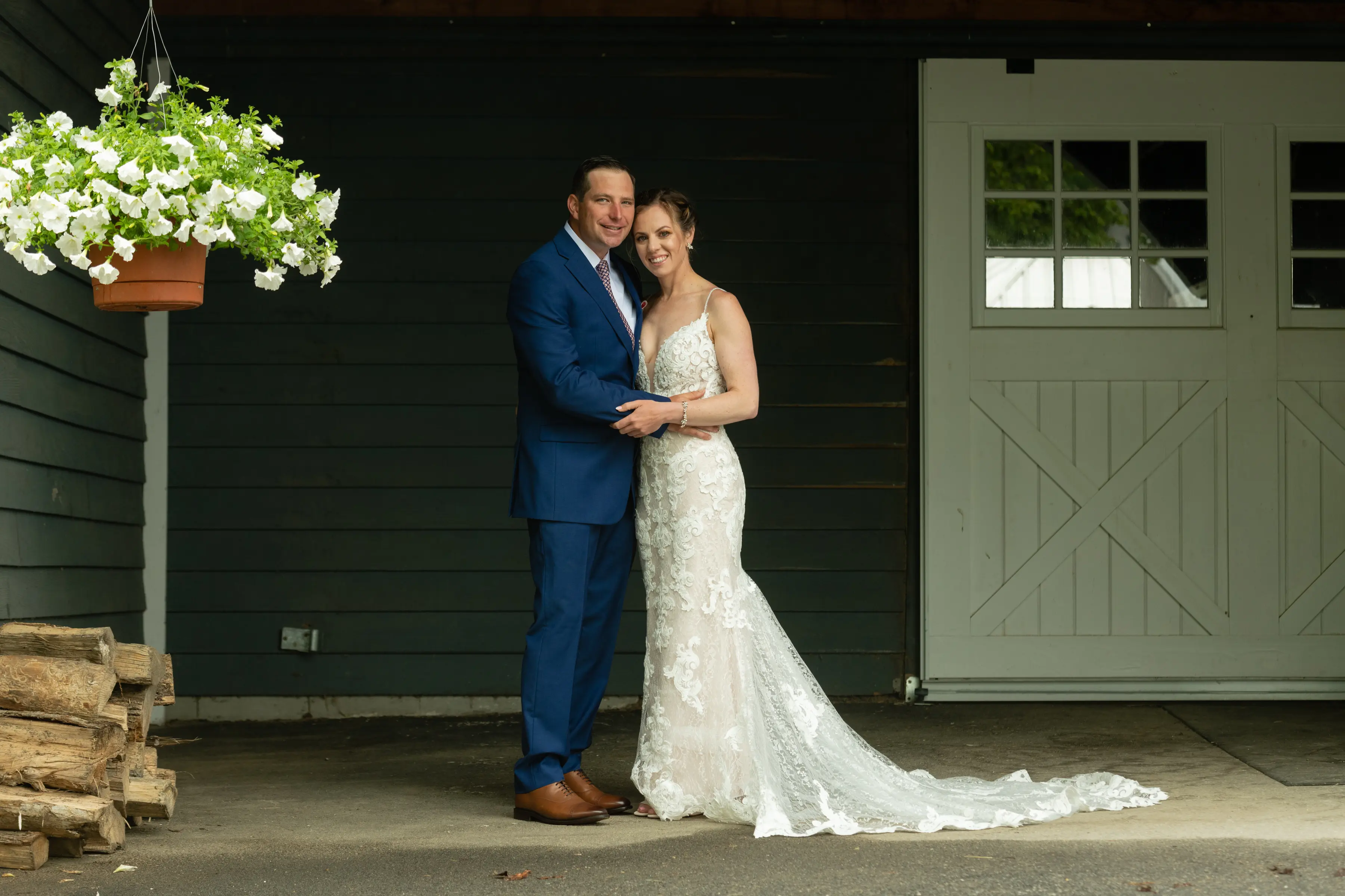 Groom With Bride Wearing Lace Sheath Wedding Dress Tuscany Lynette By Maggie Sottero
