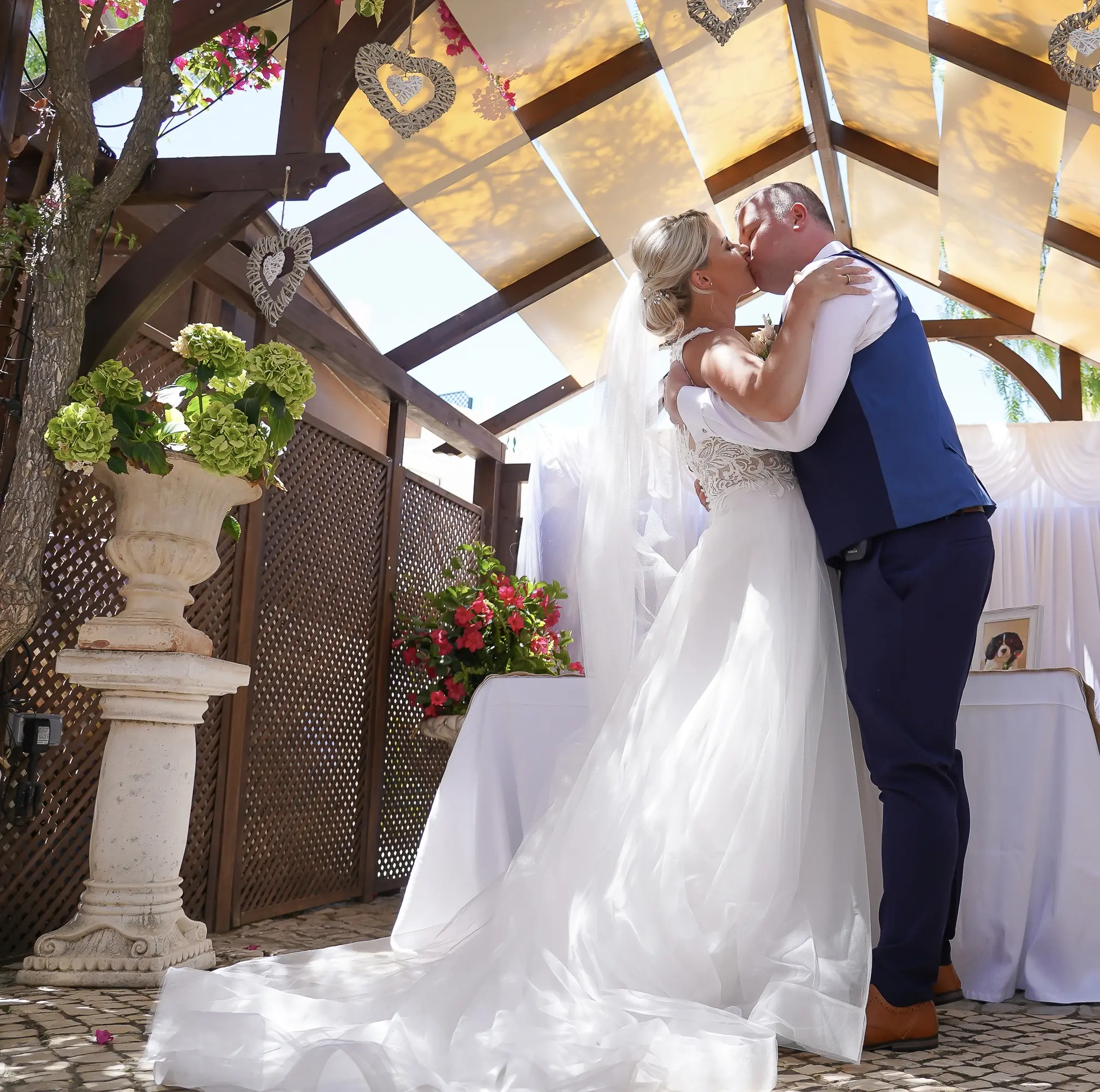 Groom With Bride Wearing High Neck Princess Wedding Dress Ardelle By Rebecca Ingram