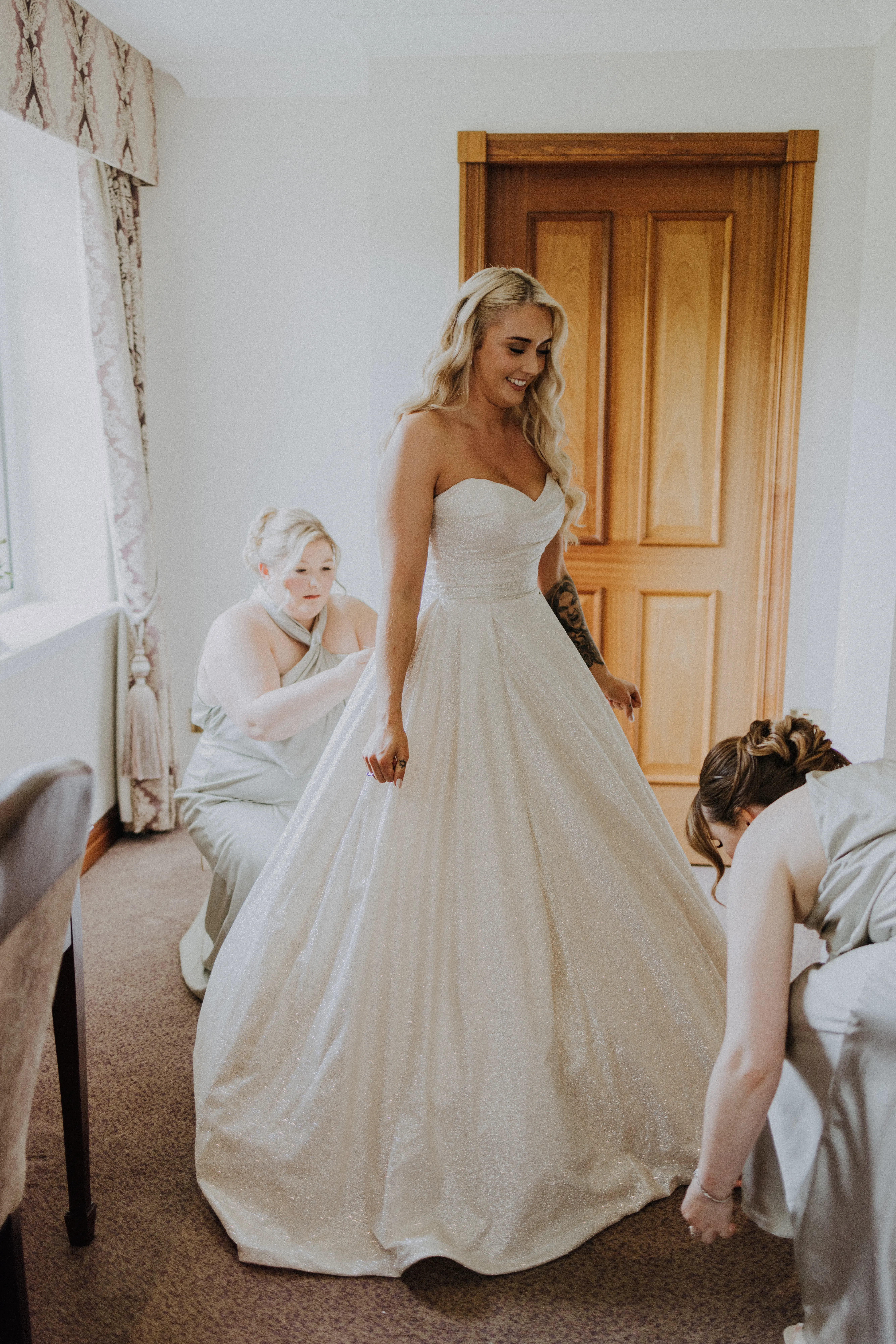 Bride Wearing Sparkly Aline Wedding Dress Called Anniston Getting Ready