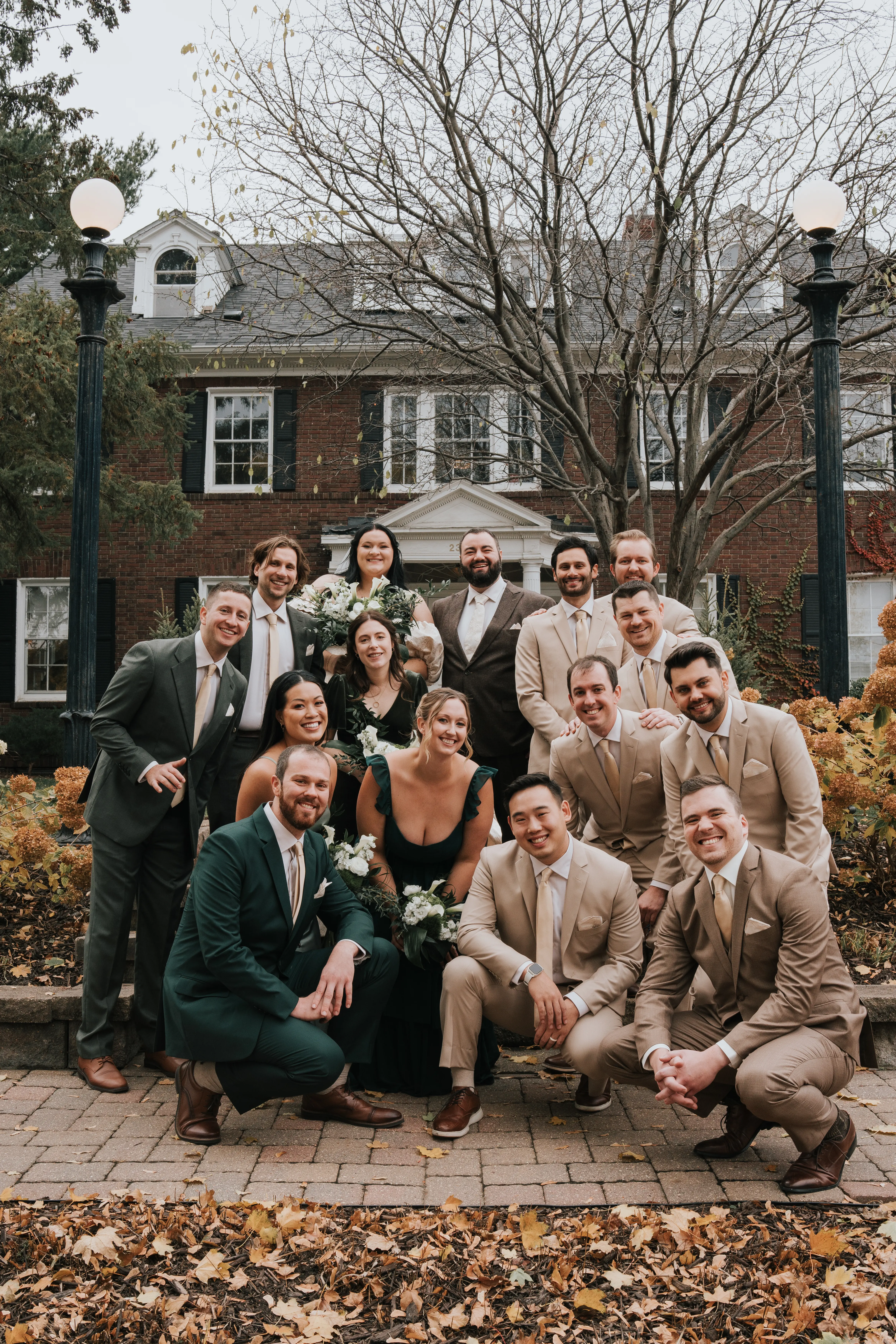 Bride Wearing Floral Jacquard Princess Wedding Gown Called Cyprus By Sottero And Midgley With Bridal Party In Green And Tan