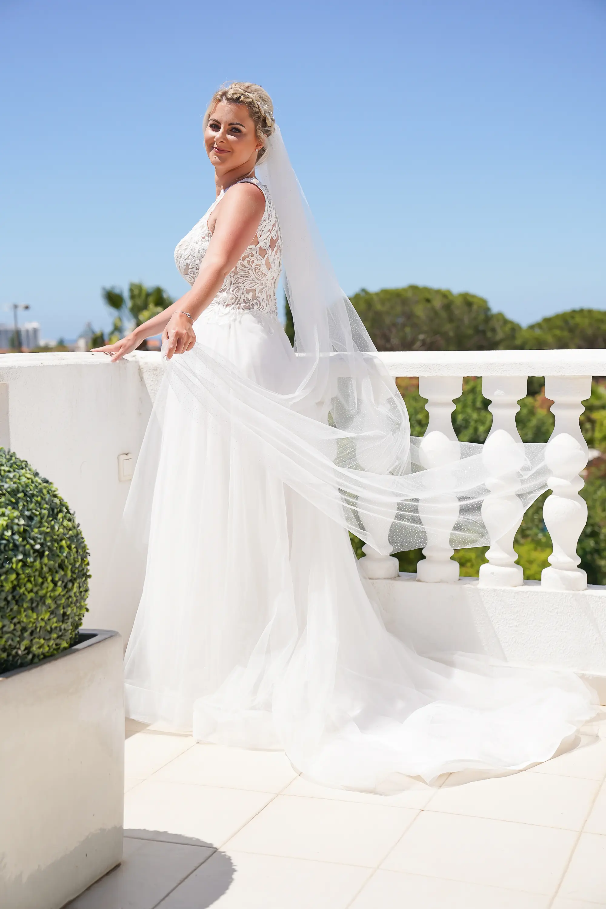 Bride Wearing High Neck Princess Wedding Dress Ardelle By Rebecca Ingram