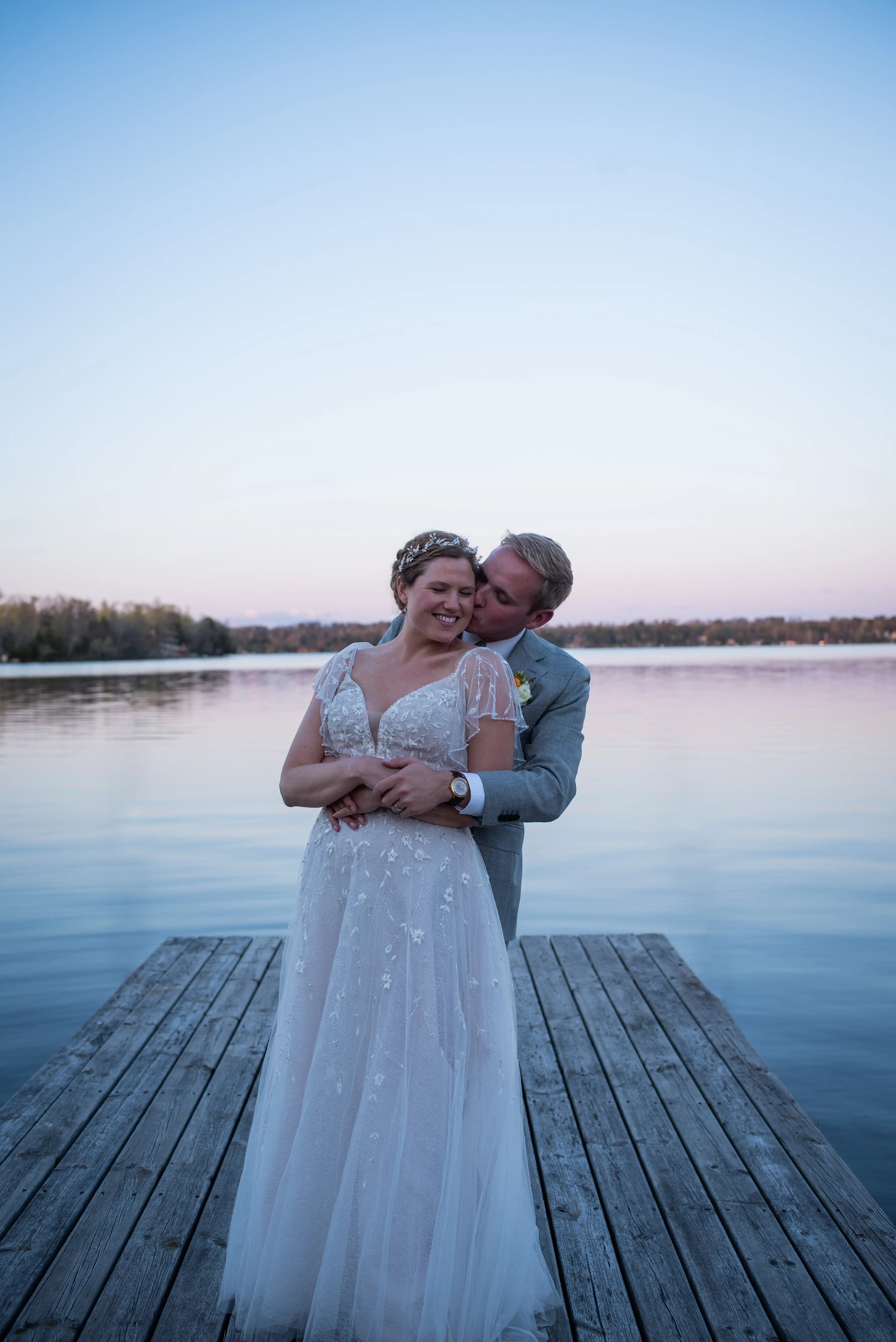 Groom With Bride Wearing Beaded Lace A-Line Wedding Dress With Flutter Sleeves Paige By Maggie Sottero
